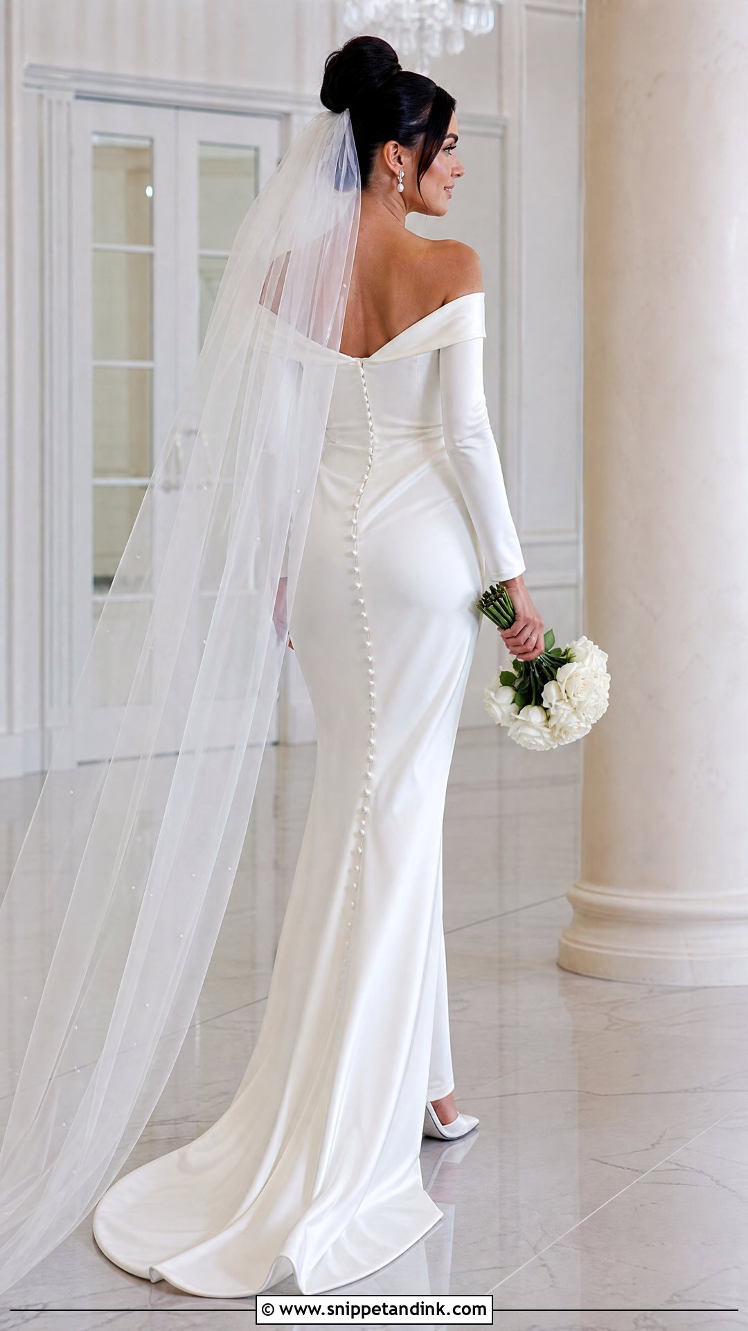 Pearl Button Back Off the Shoulder Wedding Dress - Snippet and Ink - 20 Simple Long Wedding Dress with Off the Shoulder Sleeves