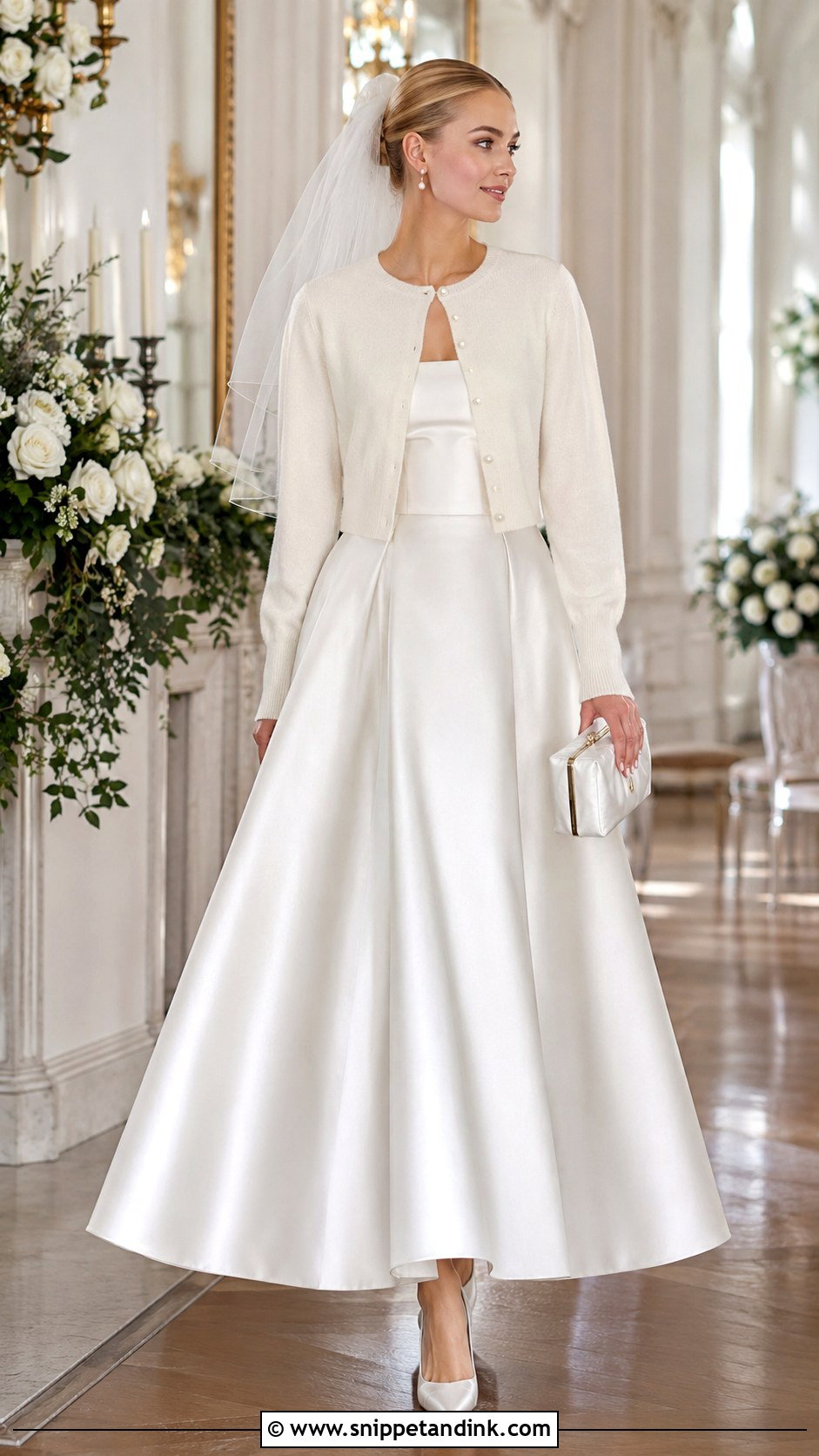 Pearl Button Bridal Cardigan With Satin Ball Gown - Snippet and Ink - 20 Bridal Cardigan Ideas