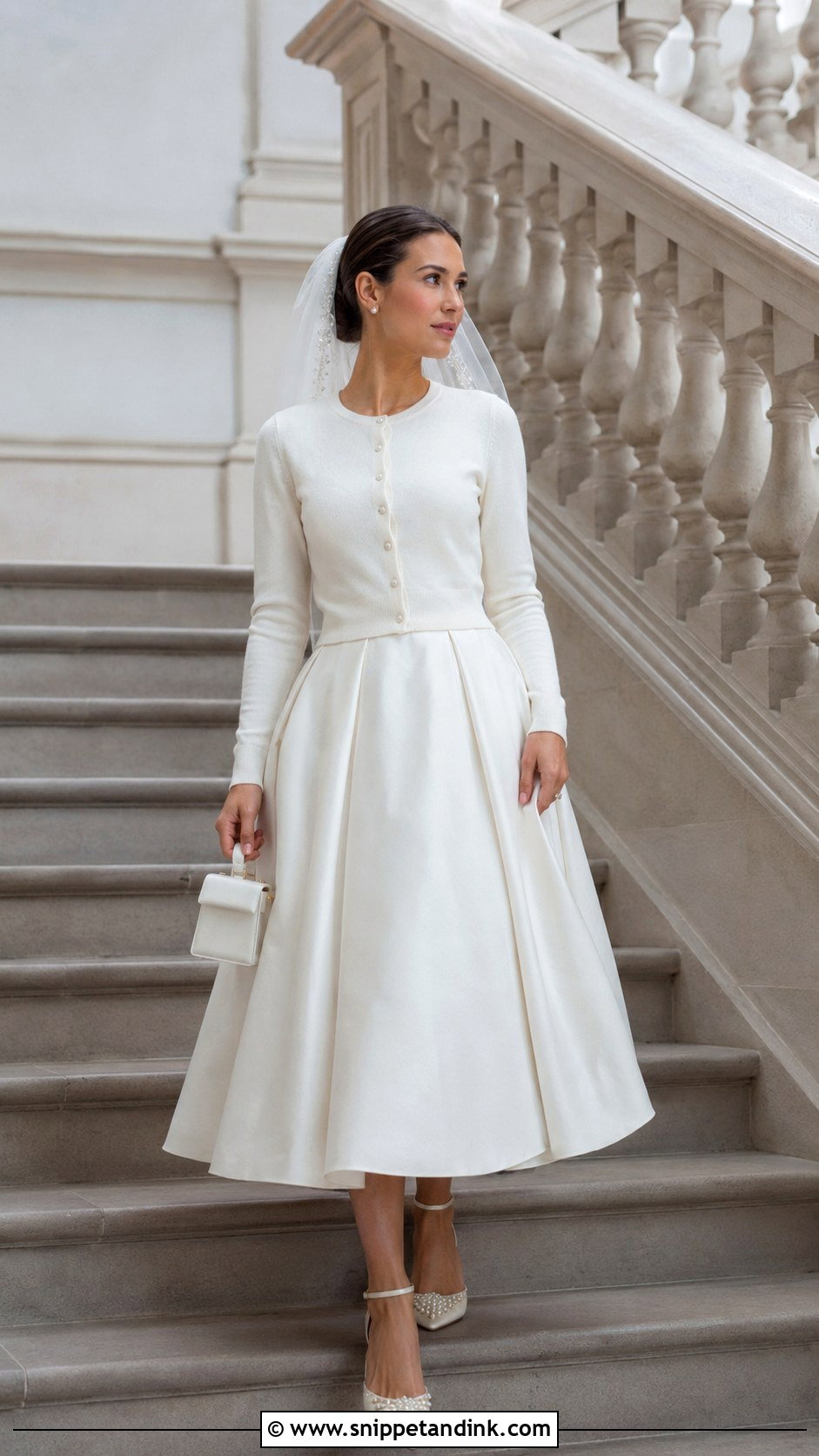 Pearl Button Bride Cardigan With Tea Length Dress - Snippet and Ink - 20 Bride Sweater Ideas