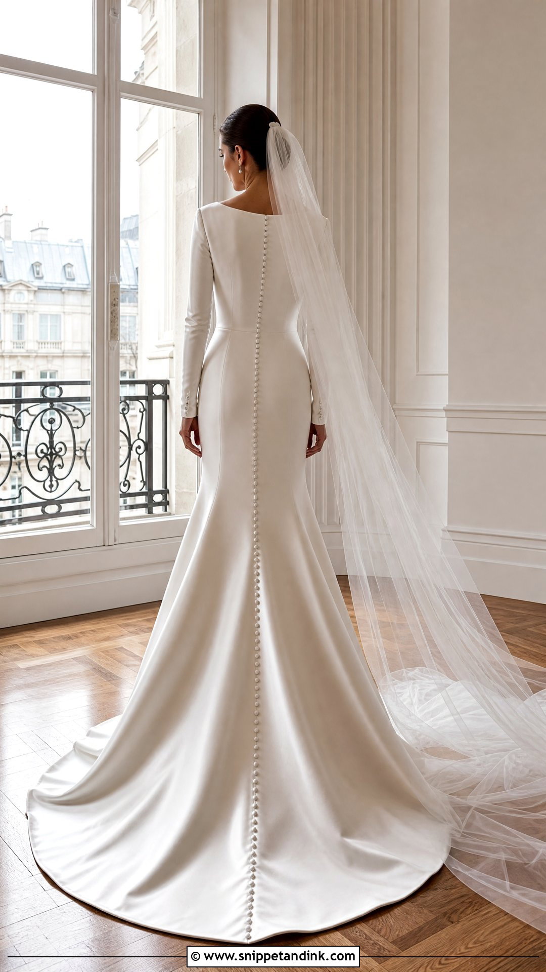 Pearl Button Satin Wedding Gown with Sleeves - Snippet and Ink - 20 Satin Wedding Gown with Sleeves
