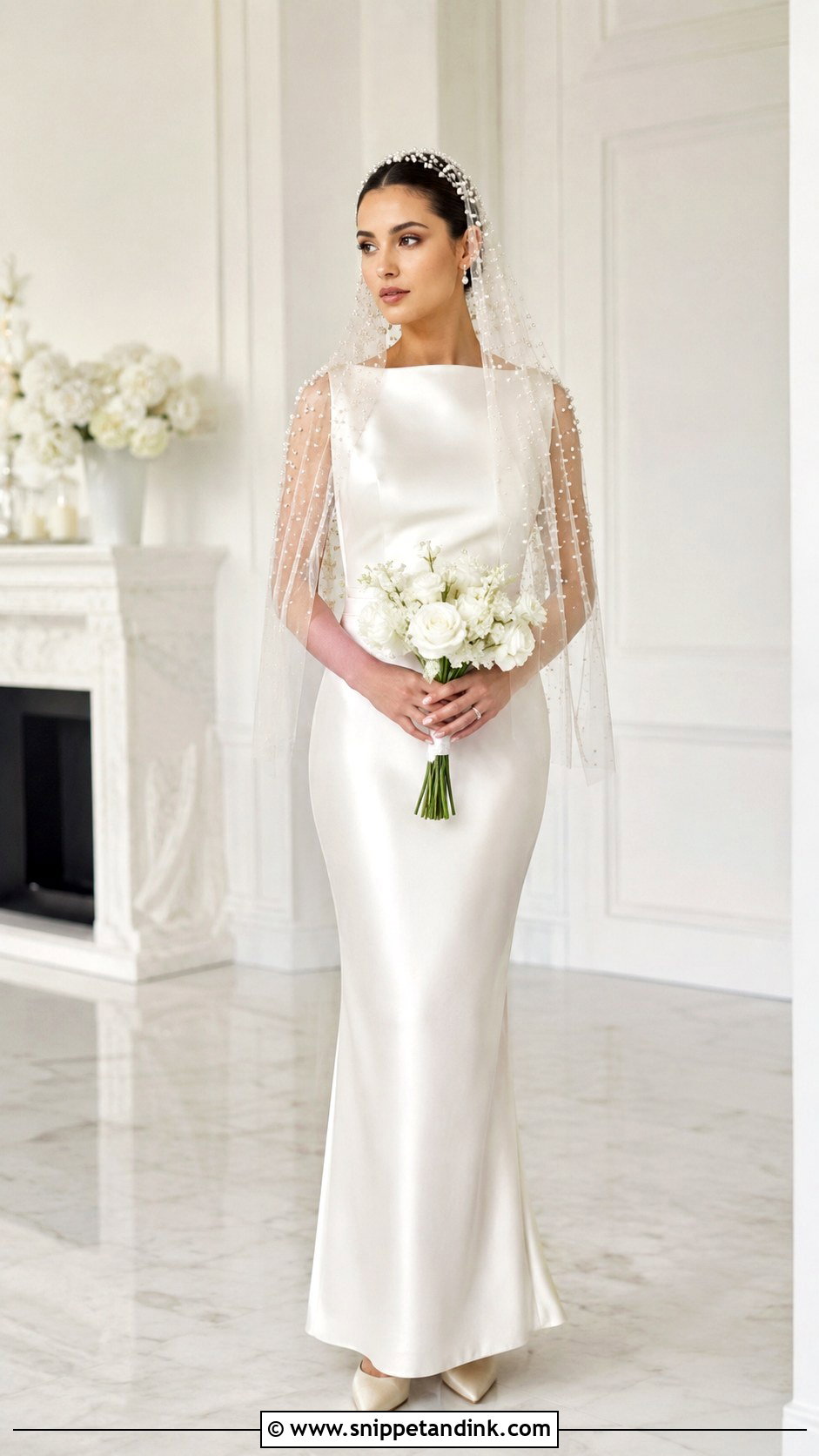 Pearl Cap Veil With Satin Gown - Snippet and Ink - 25 Cap Veil Ideas