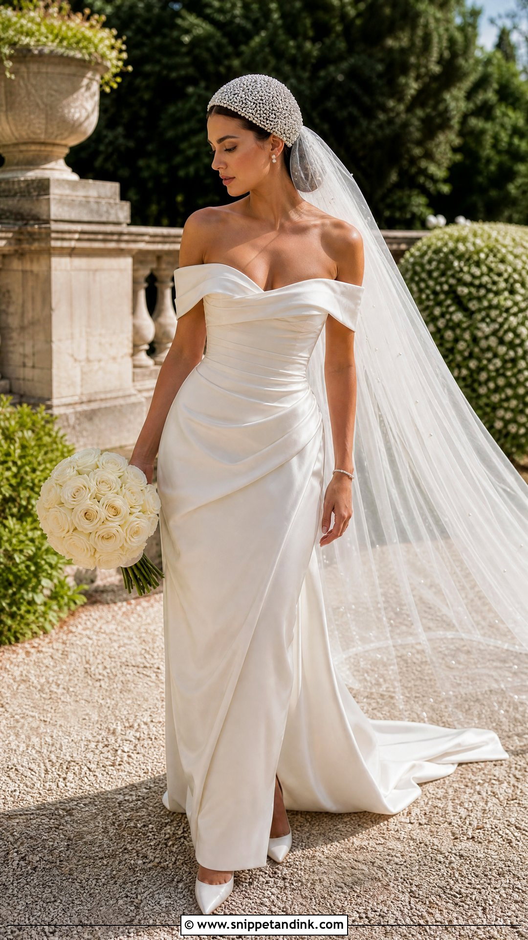 Pearl Cap With Off Shoulder Wedding Dress - Snippet and Ink - 20 Wedding Cap Ideas