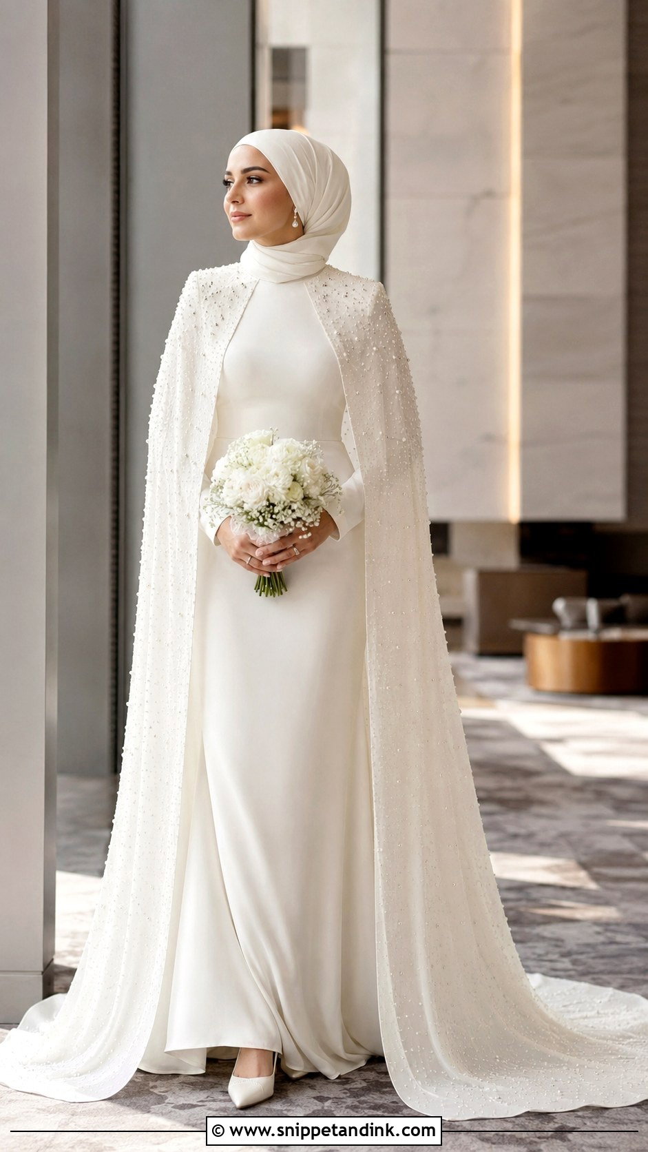 Pearl Cape Dress With Bridal Hijab - Snippet and Ink - 20 Bridal with Hijab Ideas