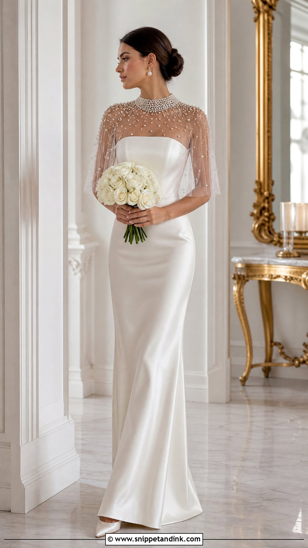 Pearl Capelet With Satin Wedding Dress - Snippet and Ink - 20 Wedding Dress Capelet Ideas