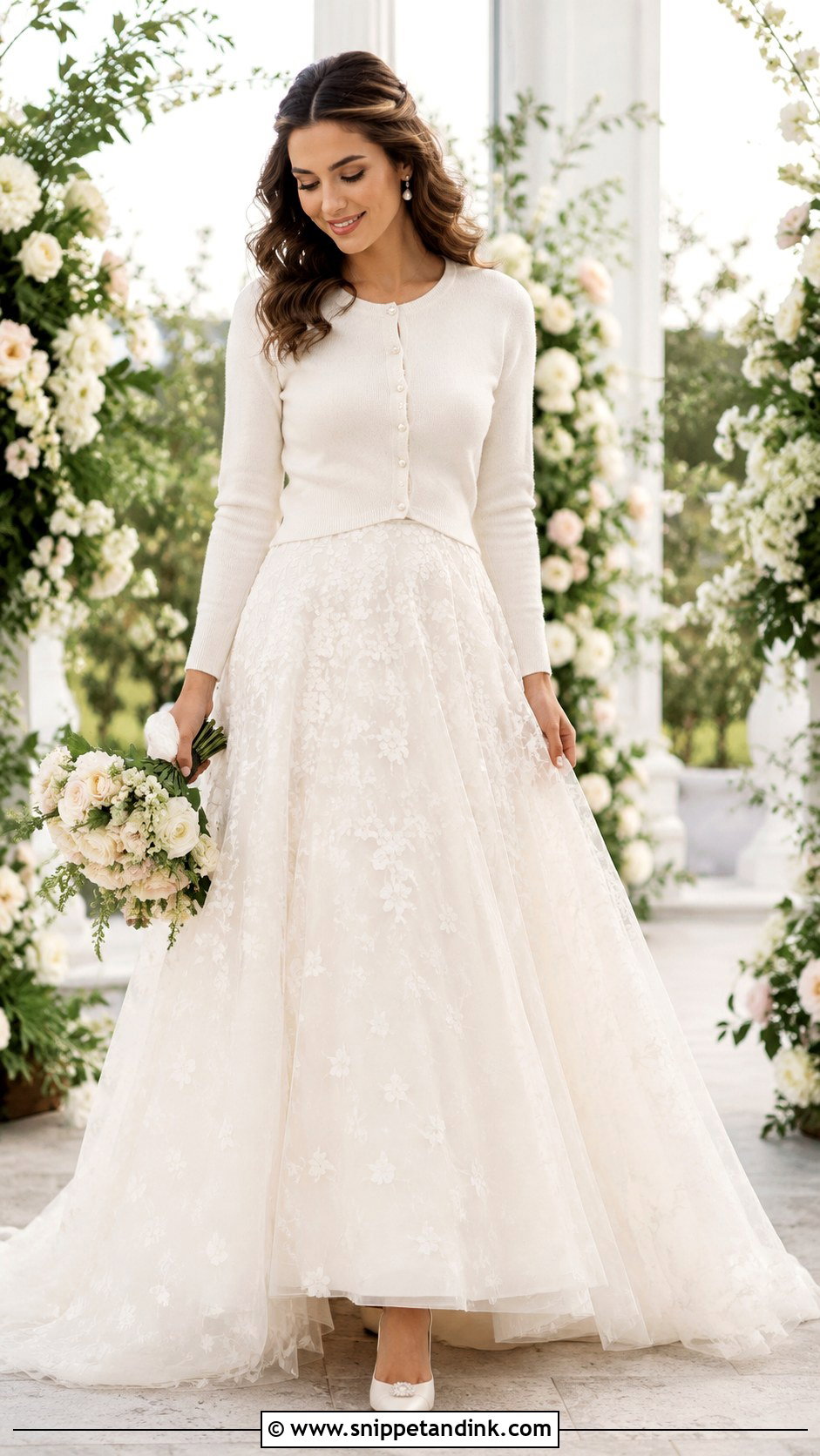 Pearl Cardigan With A Line Wedding Dress - Snippet and Ink - 25 Wedding Dress Coverup Ideas