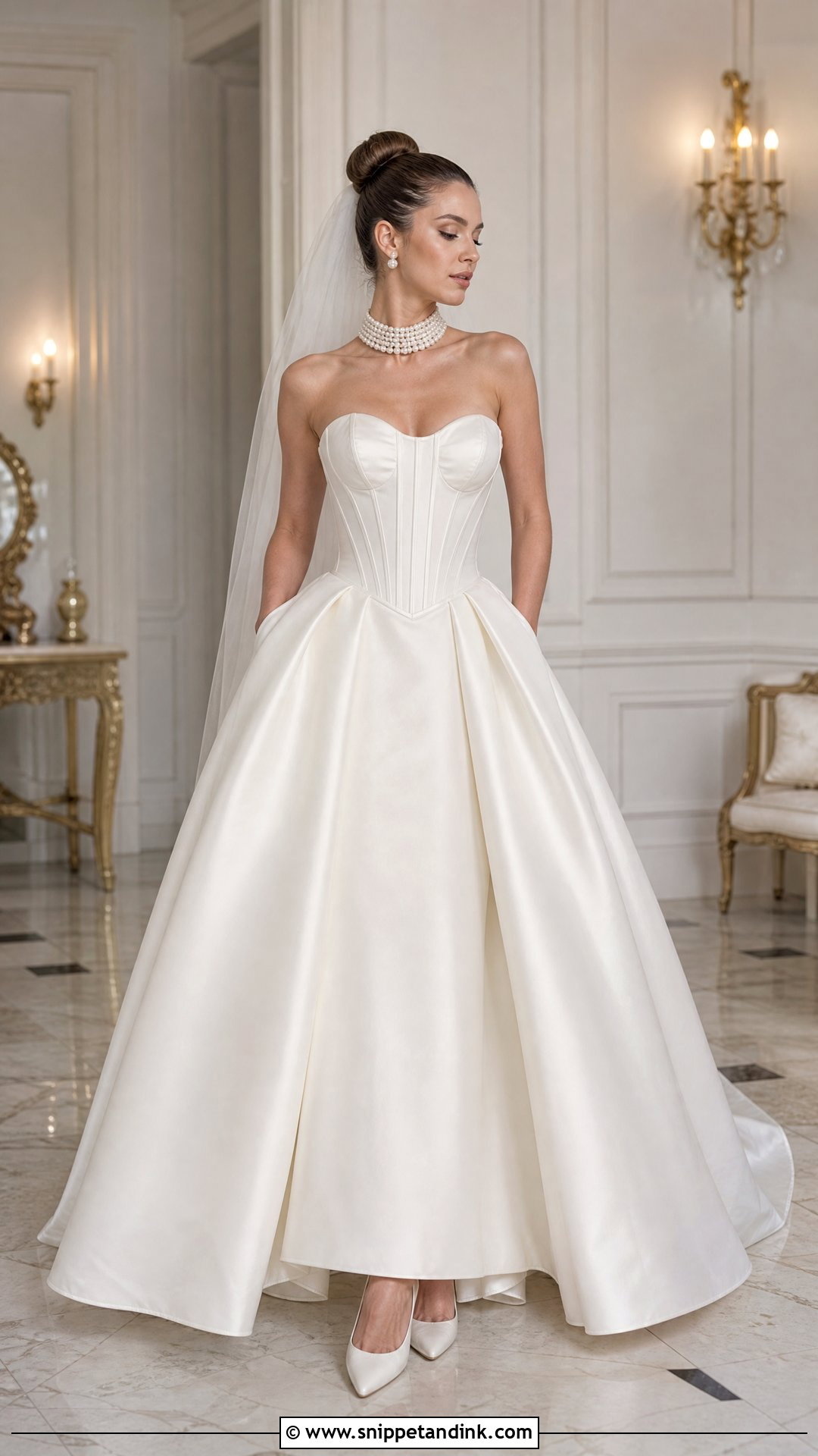 Pearl Collar Necklace With Corset Wedding Dress - Snippet and Ink - 20 Wedding Dress Necklace Ideas