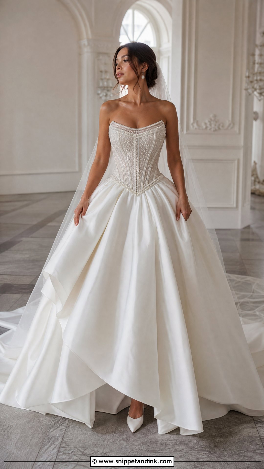 Pearl Corset Ball Gown Wedding Dress - Snippet and Ink - 20 Pearl Detail Wedding Dress Ideas