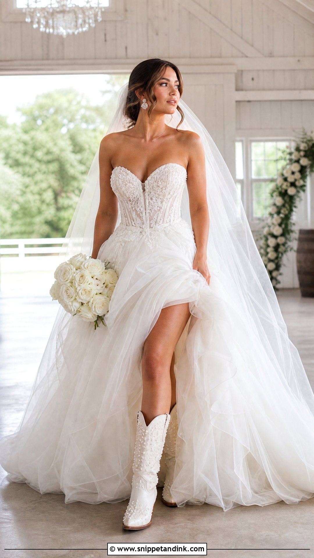 Pearl Cowgirl Boots With Tulle Ball Gown - Snippet and Ink - 20 Wedding Cowgirl Boots for Bride Ideas