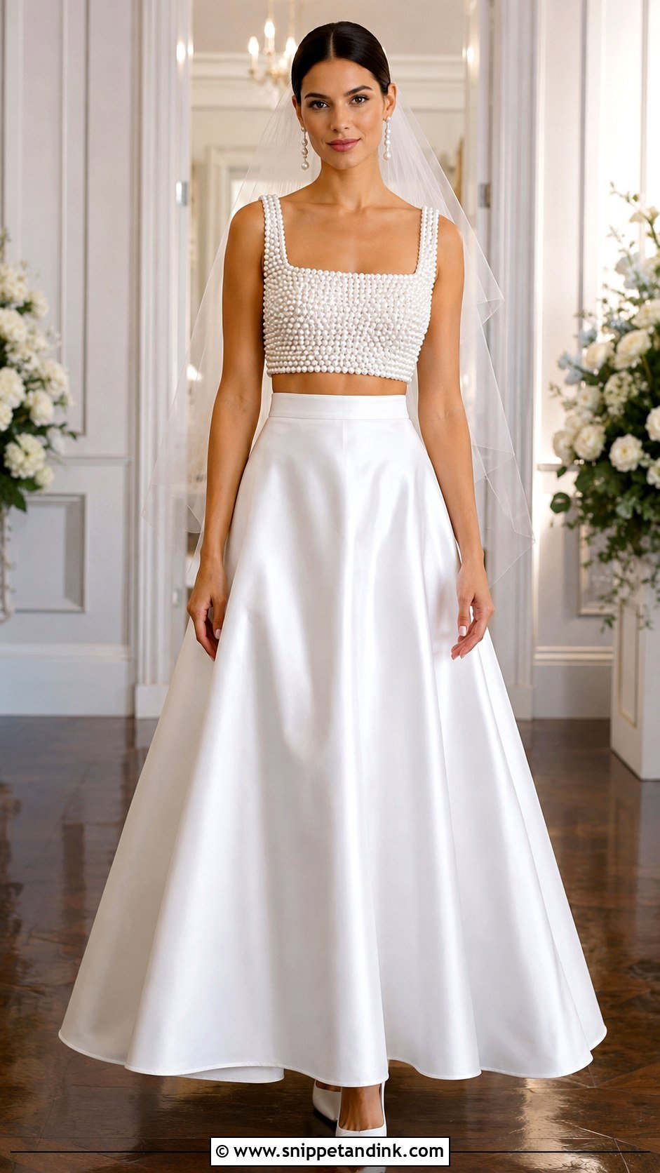 Pearl Crop Top Wedding Dress With Satin Skirt - Snippet and Ink - 20 Crop Top Wedding Dress Ideas