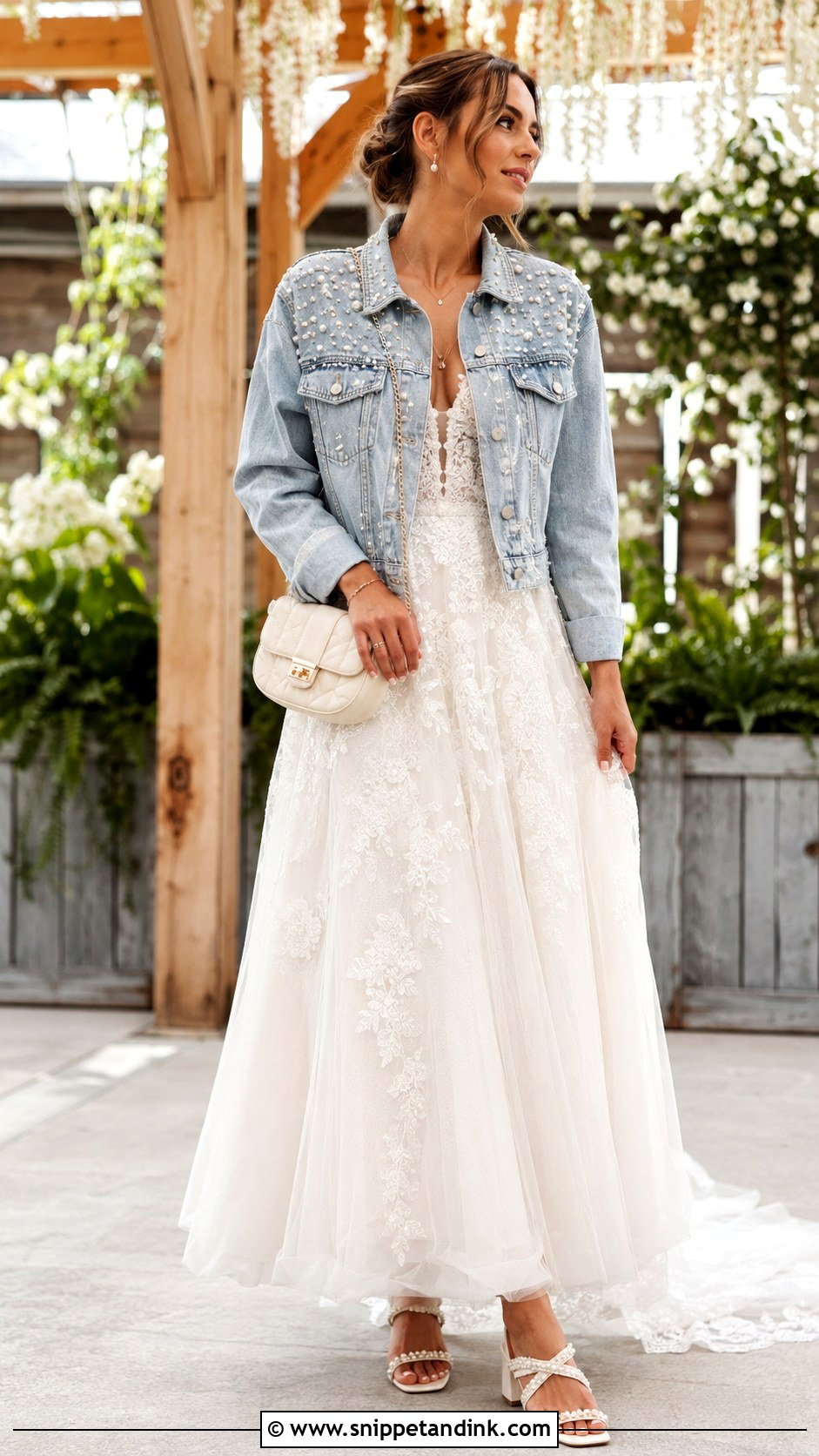 Pearl Denim Jacket With A Line Wedding Dress - Snippet and Ink - 20 Wedding Dress with Jacket Ideas