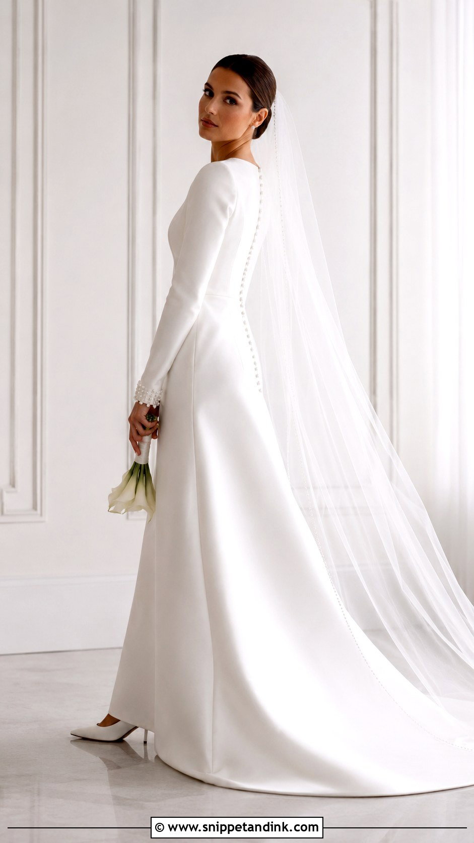 Pearl Detail Satin Long Sleeve Wedding Dress - Snippet and Ink - 20 Bride Dress Long Sleeve Ideas