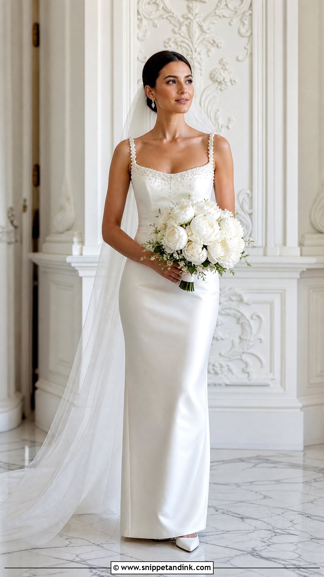 Pearl Detail Satin Sheath Wedding Dress - Snippet and Ink - 20 Satin Sheath Wedding Dress Ideas