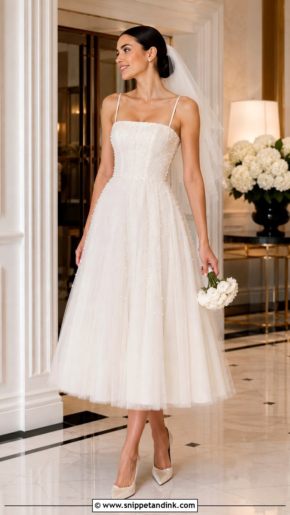 Pearl Detail Tea Length Wedding Dress - Snippet and Ink - 25 Midi Wedding Dress Tea Length Ideas
