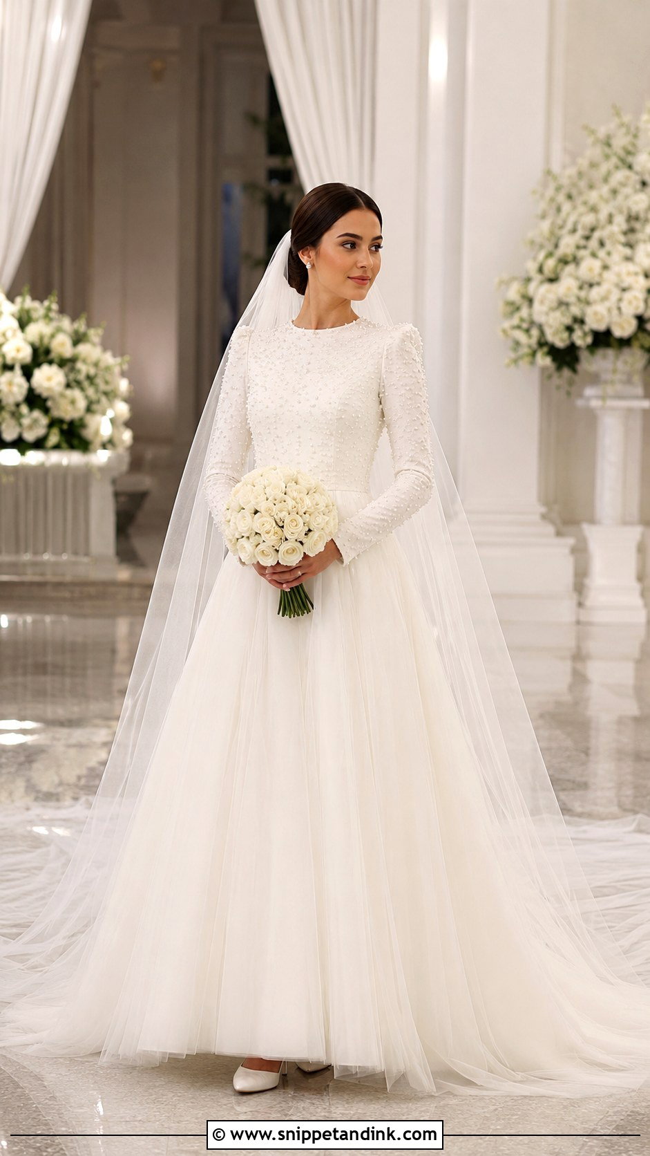 Pearl Embellished A Line Wedding Dress - Snippet and Ink - 20 Modest a Line Wedding Dress Ideas