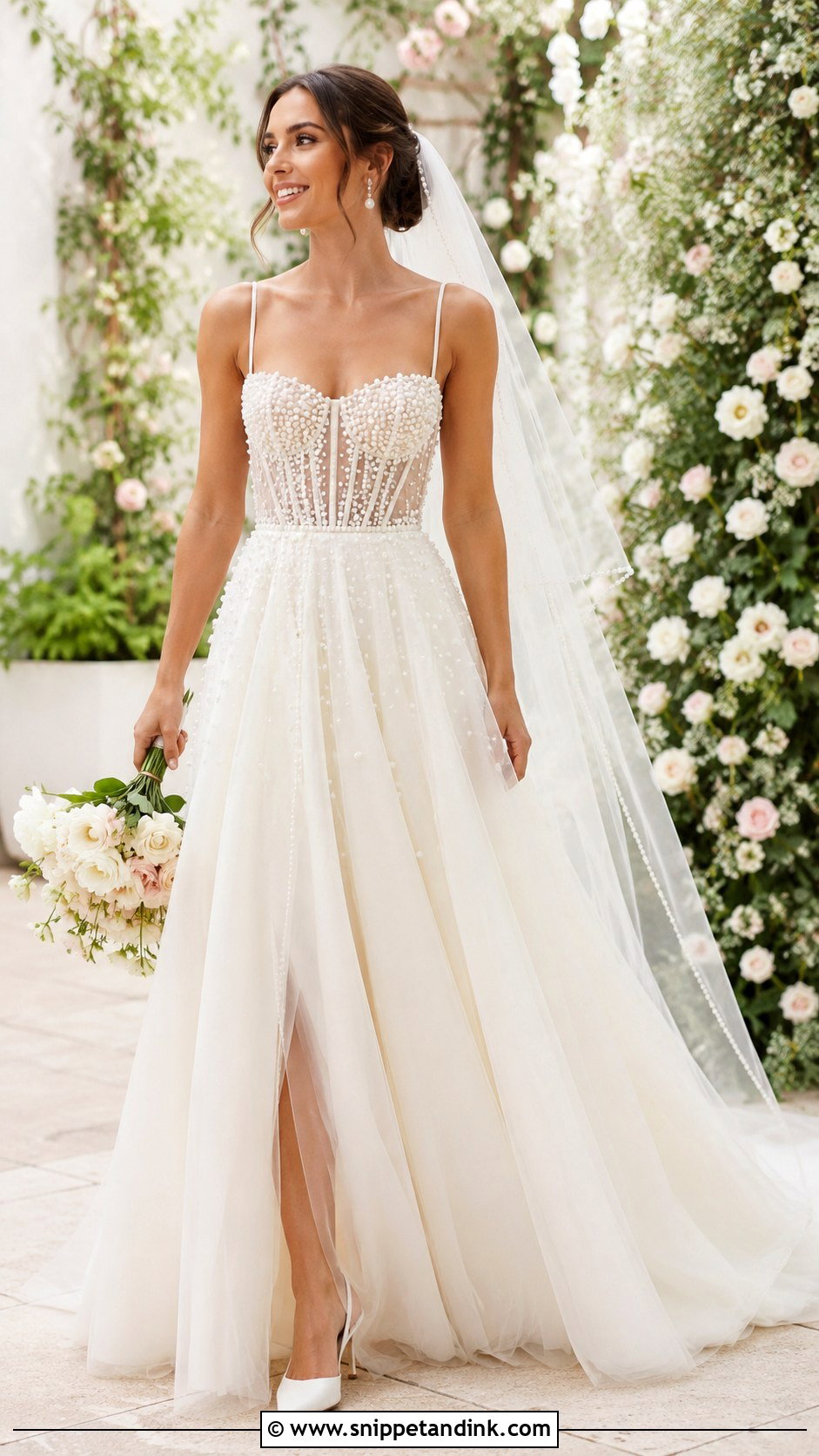 Pearl Embellished A Line Wedding Dress - Snippet and Ink - 20 Jeweled Wedding Dress Ideas