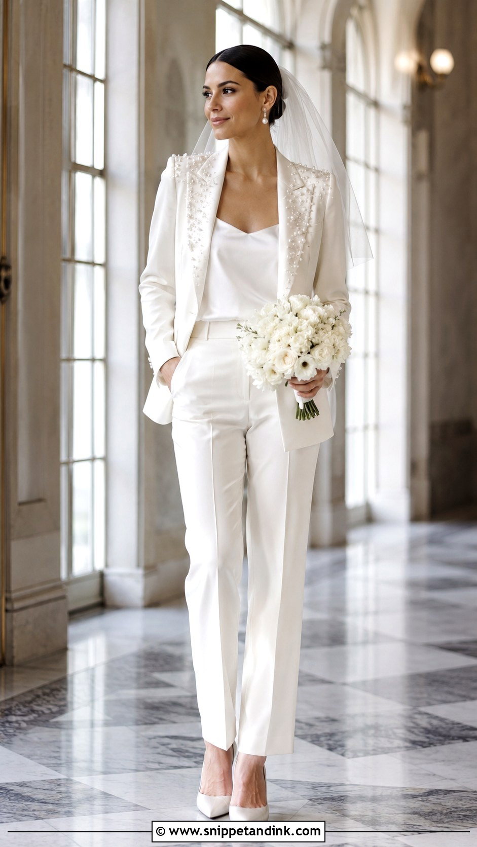 Pearl Embellished Bridal Pant Suit - Snippet and Ink - 20 Bridal Pant Suit Ideas