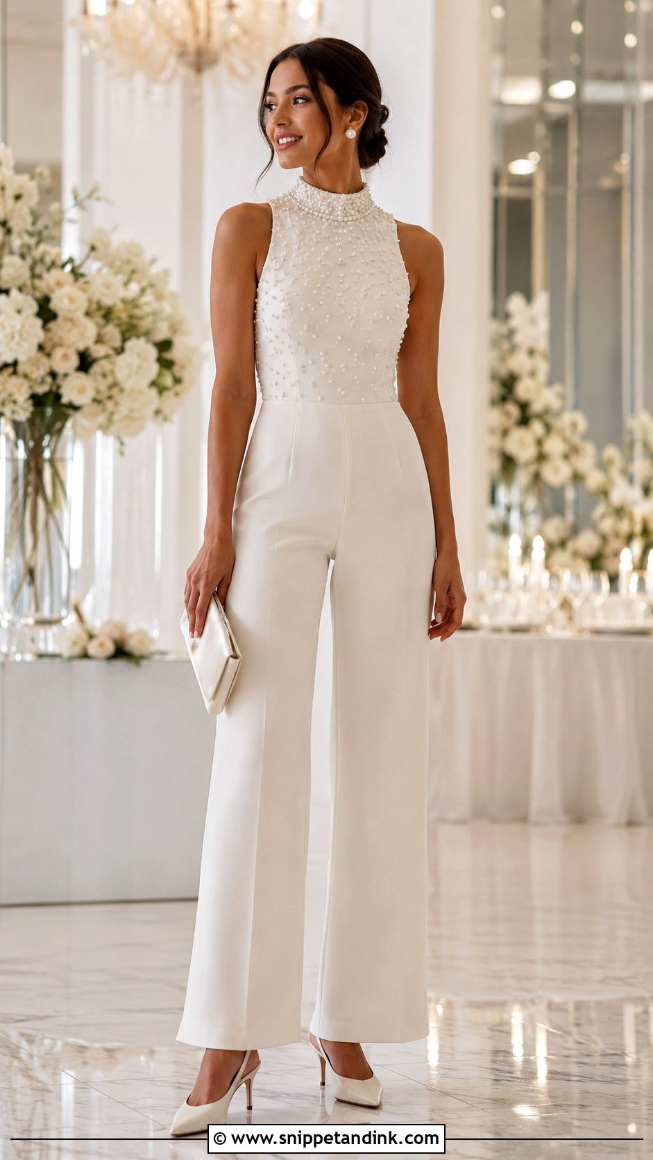 Pearl Embellished Bridal Wedding Jumpsuit - Snippet and Ink - 20 Elegant Wedding Jump Suites Ideas
