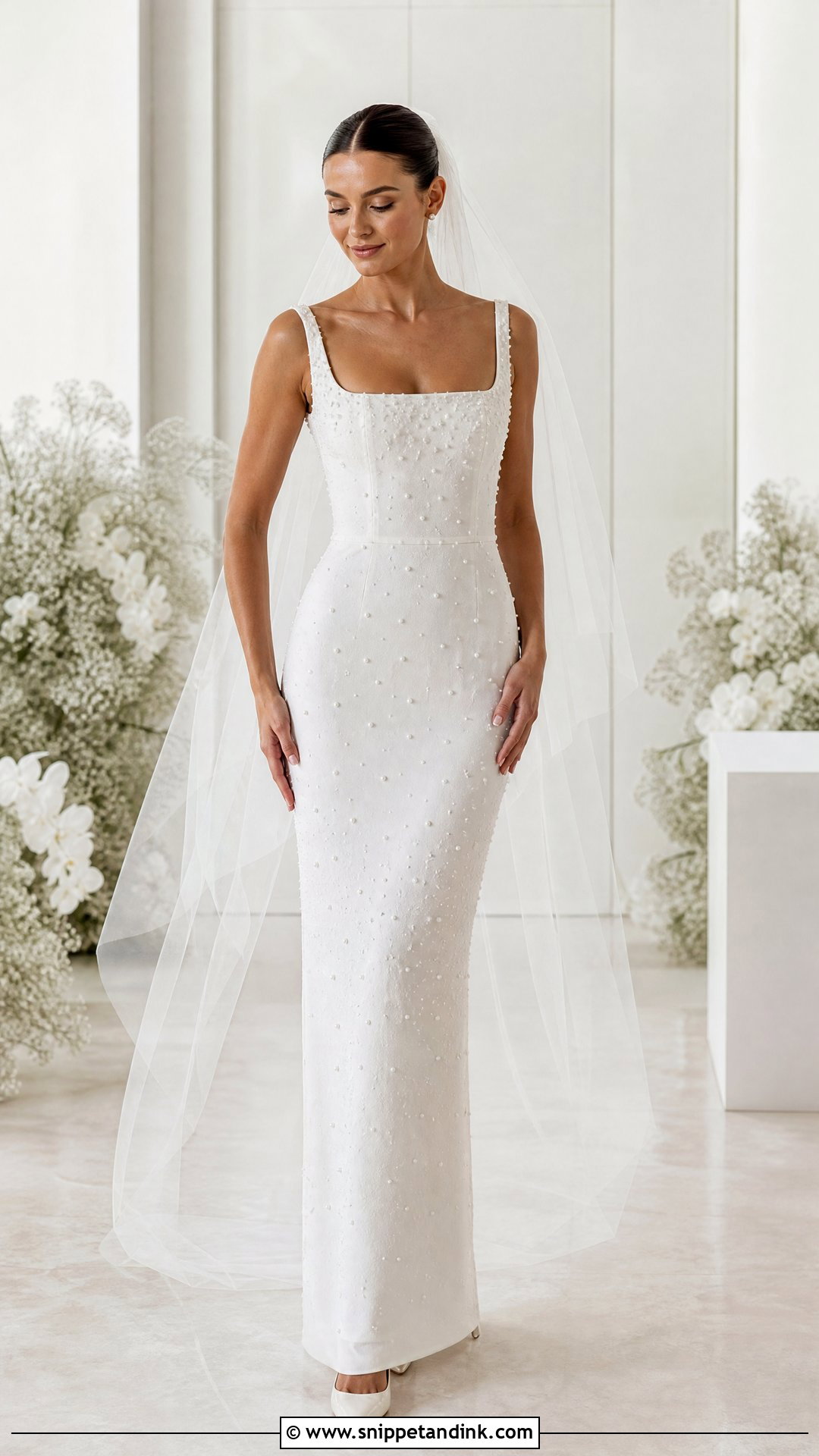 Pearl Embellished Column Slim Fit Wedding Dress - Snippet and Ink - 20 Slim Fit Wedding Dress Ideas