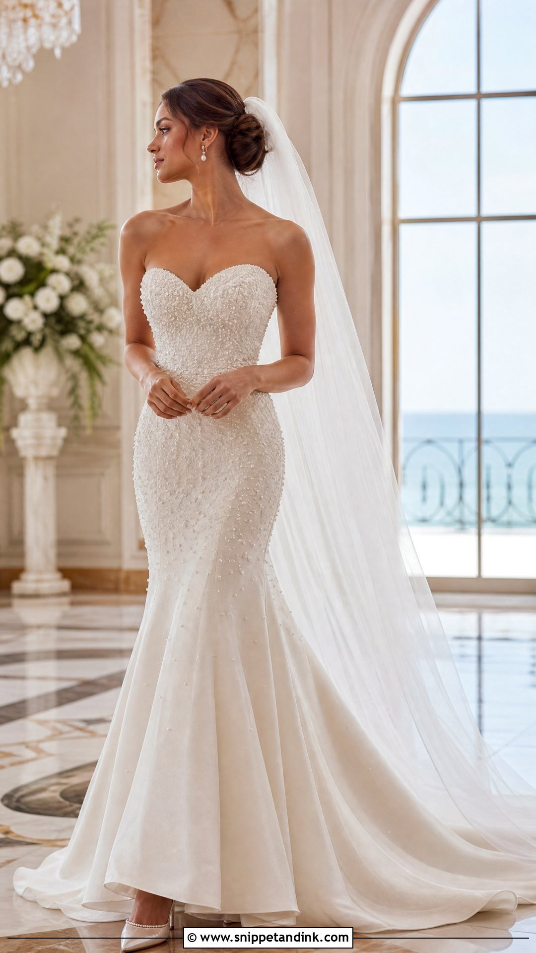 Pearl Embellished Fit And Flare Strapless Wedding Gown - Snippet and Ink - 20 Strapless Wedding Gown Ideas