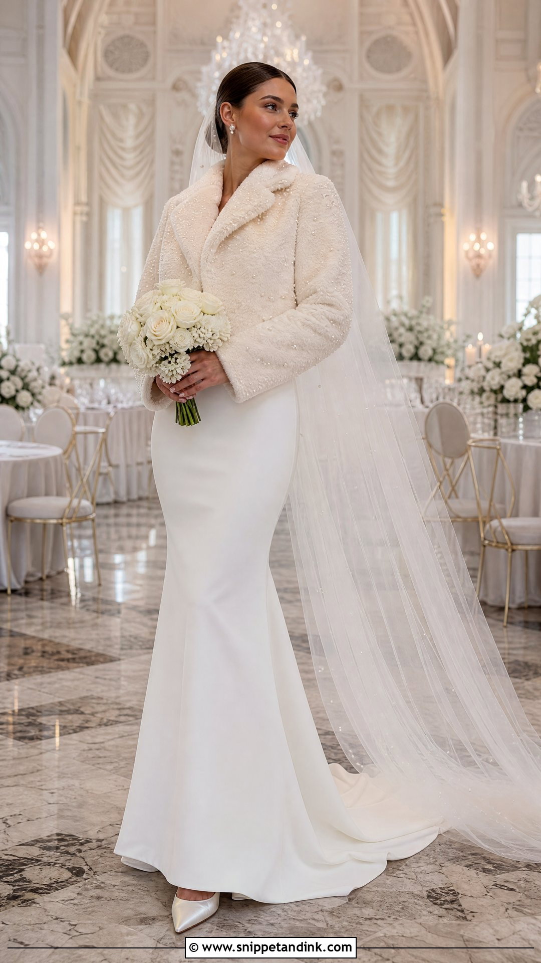 Pearl Embellished Fur Coat With Crepe Wedding Dress - Snippet and Ink - 20 Wedding Fur Coat Ideas