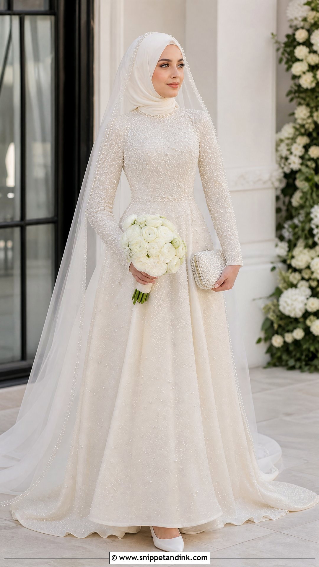 Pearl Embellished Hijab Wedding Dress - Snippet and Ink - 20 Wedding Dresses for Hijabi Girl