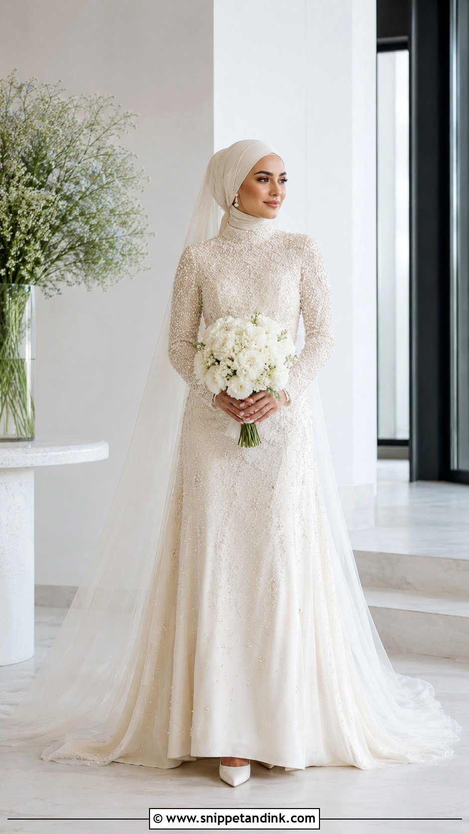 Pearl Embellished Hijabi Bride Dress - Snippet and Ink - 20 Hijabi Bride Dress Ideas