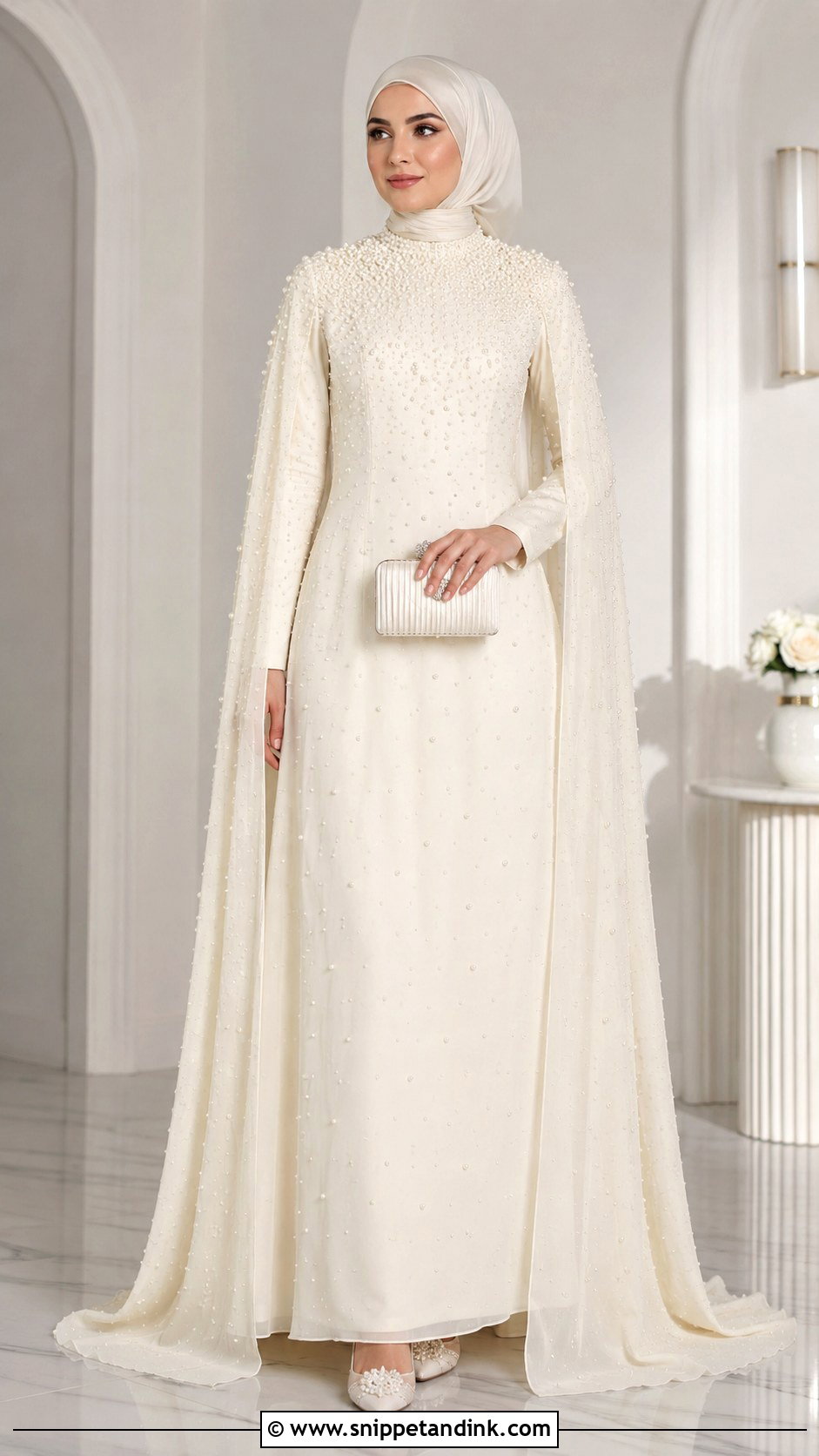 Pearl Embellished Islamic Bridal Dress With Cape - Snippet and Ink - 20 Islamic Bride Dress Ideas