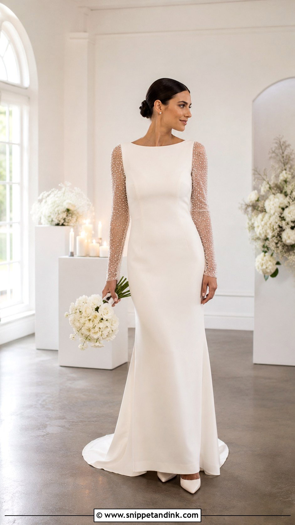 Pearl Embellished Long Sleeve Elopement Dress - Snippet and Ink - 20 Long Sleeve Elopement Dress Ideas