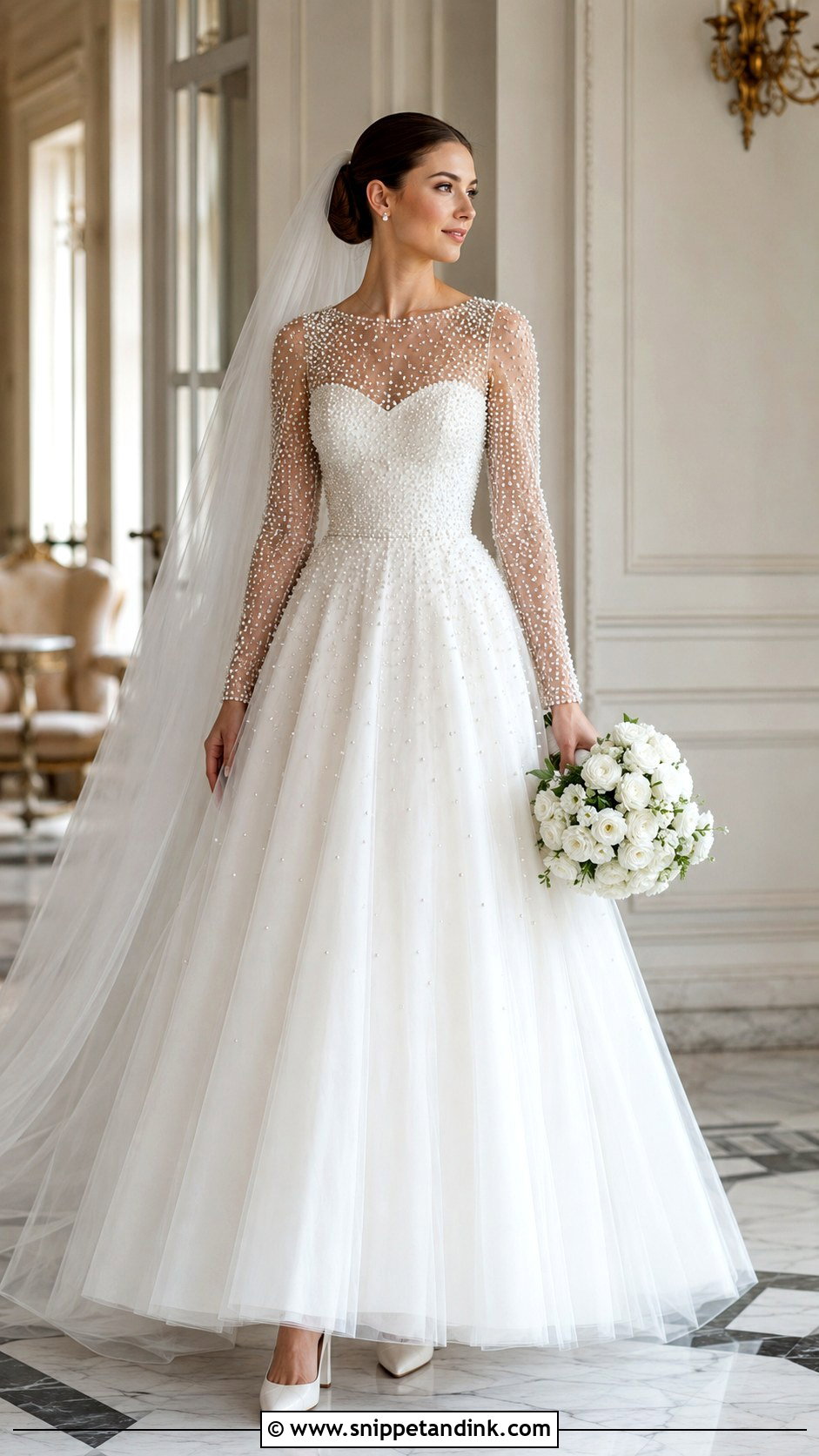 Pearl Embellished Long Sleeve Wedding Dress - Snippet and Ink - 20 Classic Long Sleeve Wedding Dress Ideas