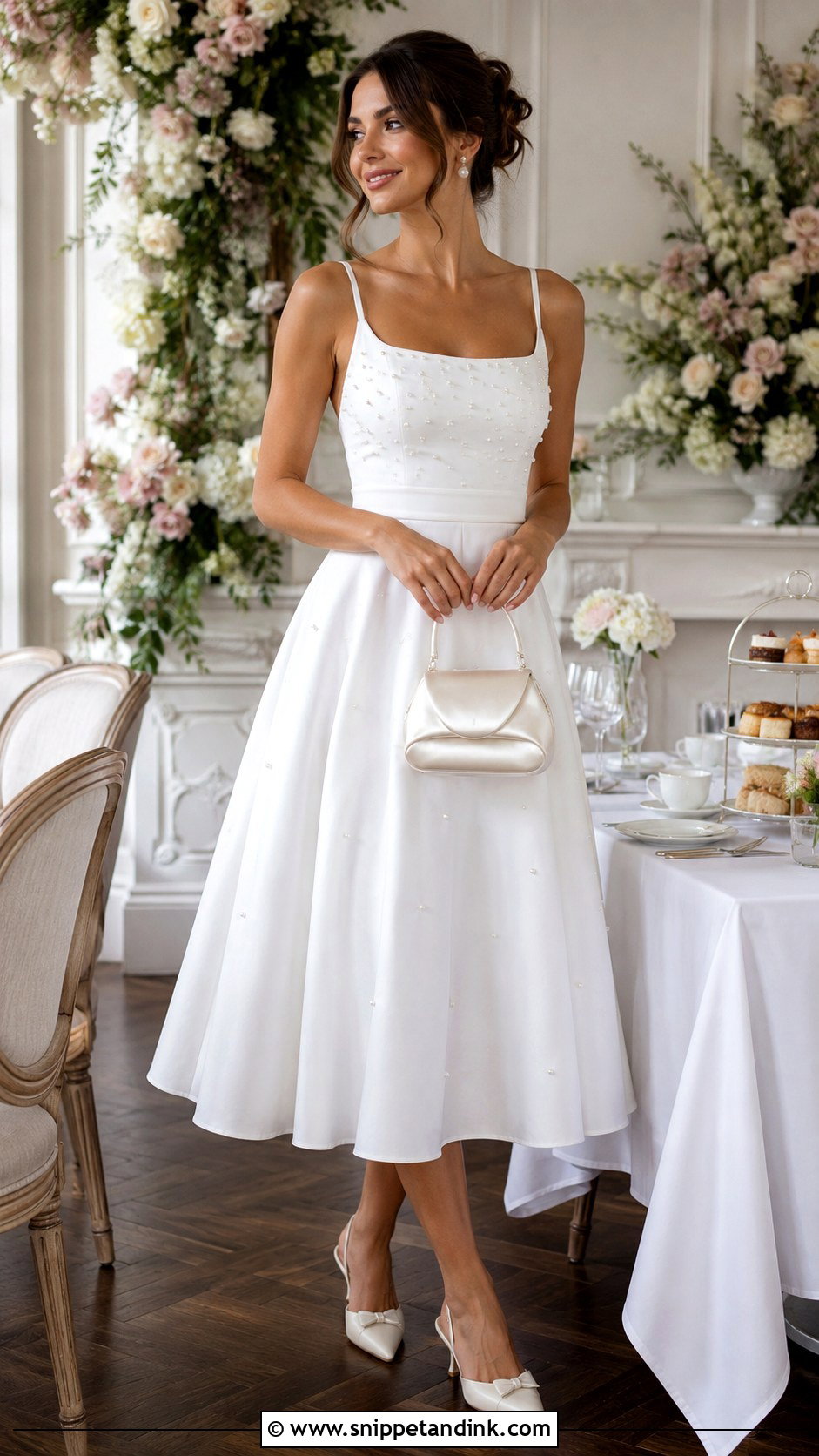 Pearl Embellished Midi Dress Bride Hen Do Outfit - Snippet and Ink - 20 Bride Hen Do Outfit Ideas