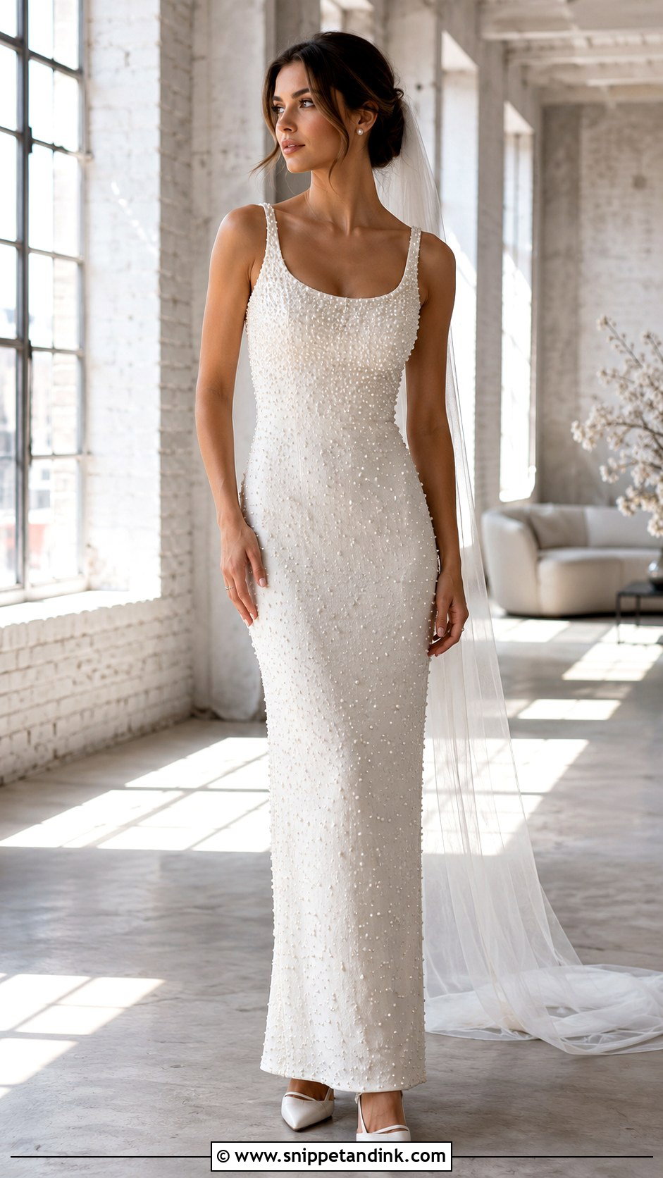Pearl Embellished Sheath Wedding Dress - Snippet and Ink - 20 Modern Bride Dress Ideas