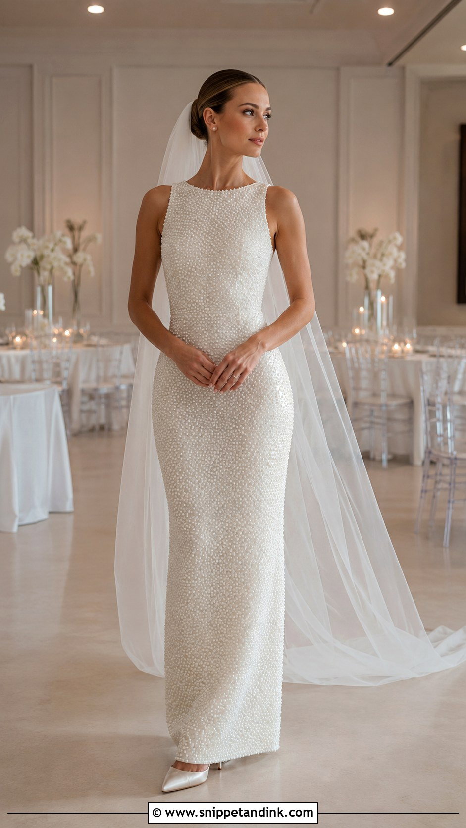 Pearl Embellished Sheath Wedding Dress - Snippet and Ink - 20 Modern Chic Wedding Dress Ideas