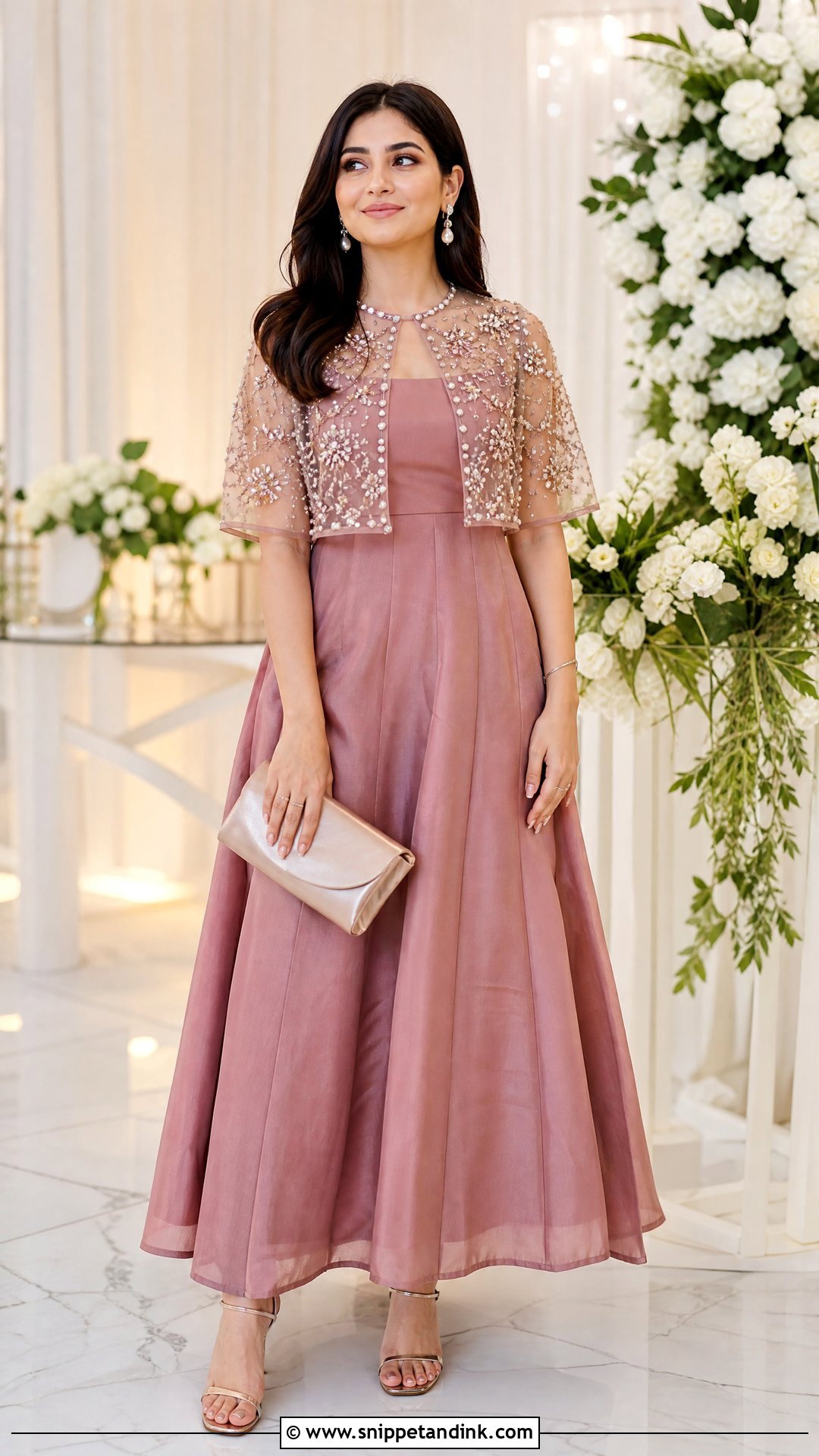 Pearl Embellished Shrug With Cocktail Dress - Snippet and Ink - 20 Shrugs for Dresses Indian Wedding