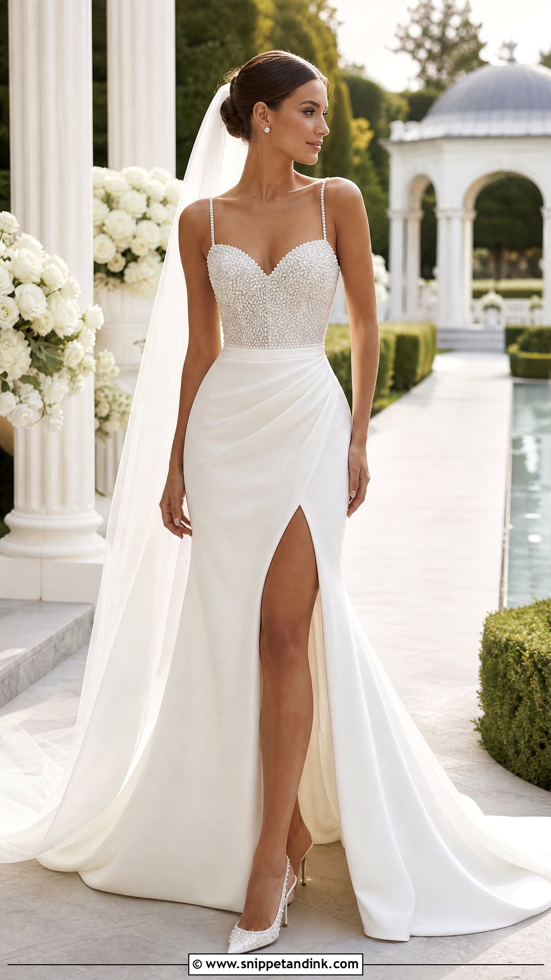 Pearl Embellished Split Wedding Dress - Snippet and Ink - 20 Split Wedding Dress Ideas
