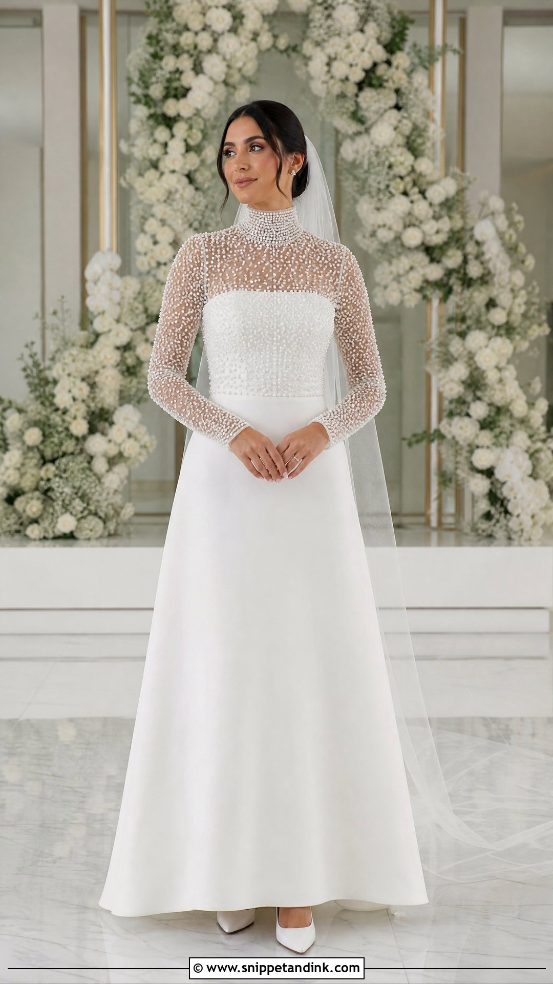 Pearl Embellished Turtle Neck Wedding Gown - Snippet and Ink - 20 Turtle Neck Wedding Gown Ideas