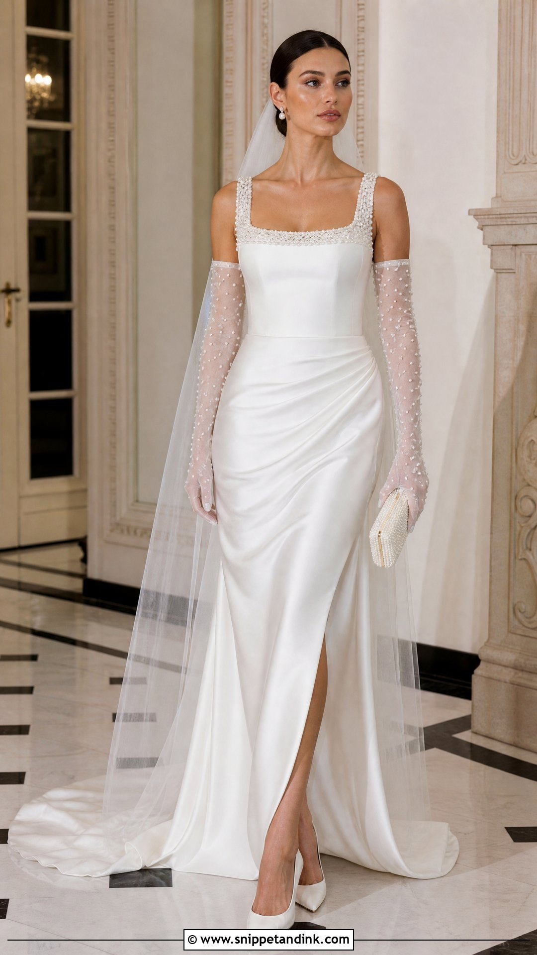 Pearl Embellished Wedding Dress With Gloves - Snippet and Ink - 20 Vintage Pearl Wedding Dress Ideas