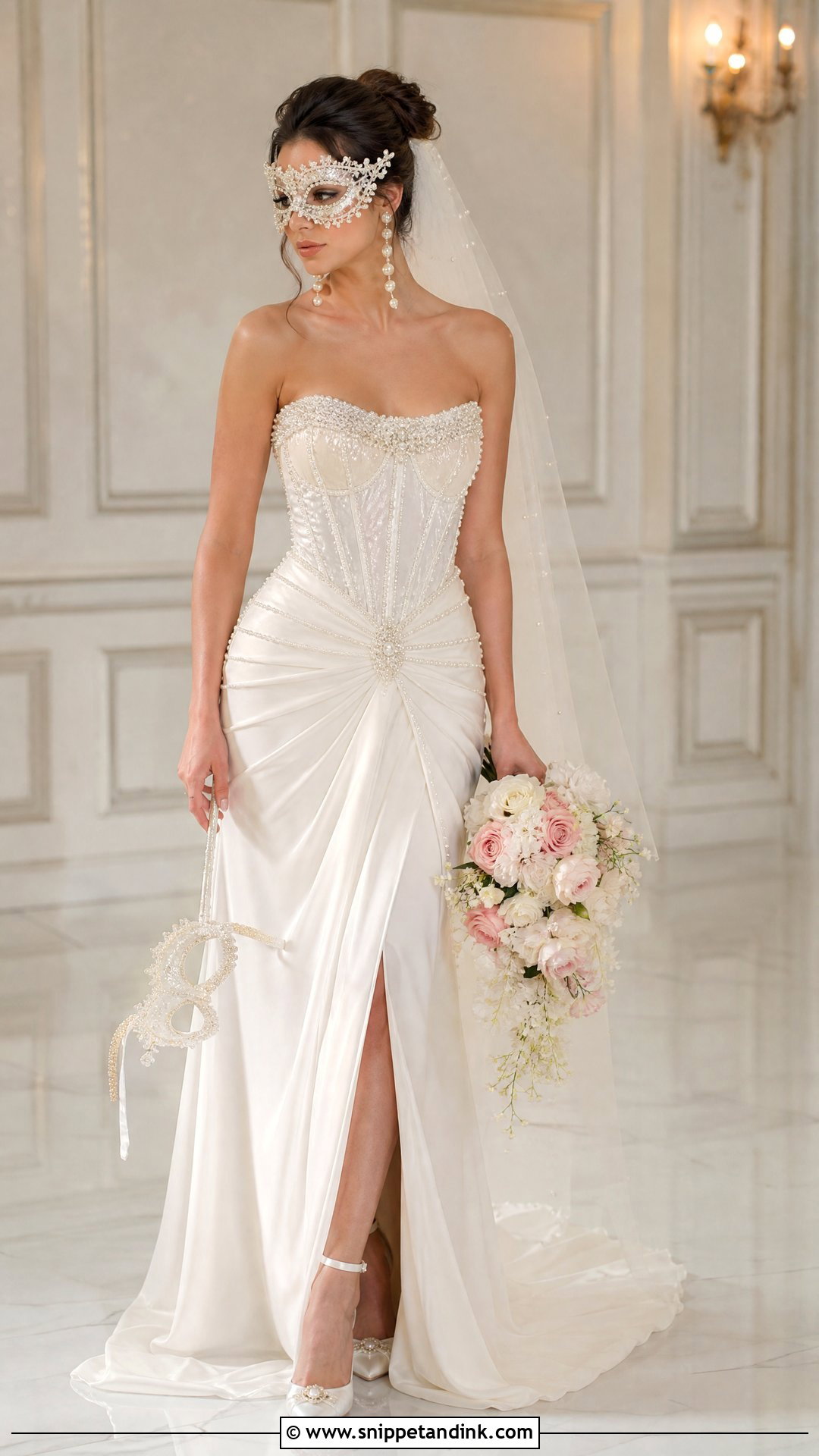 Pearl Embellished Wedding Dress With Mask - Snippet and Ink - 20 Phantom of the Opera Wedding Dress Ideas