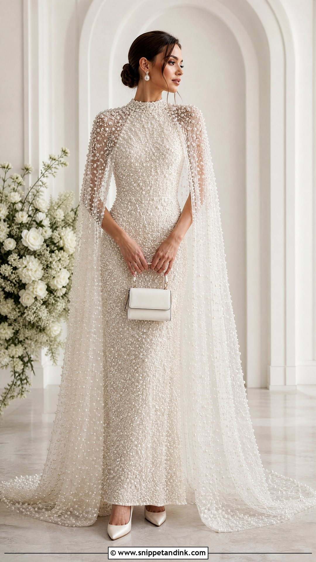 Pearl Embellished Wedding Dress With Matching Cape - Snippet and Ink - 20 Most Expensive Wedding Dress Ideas