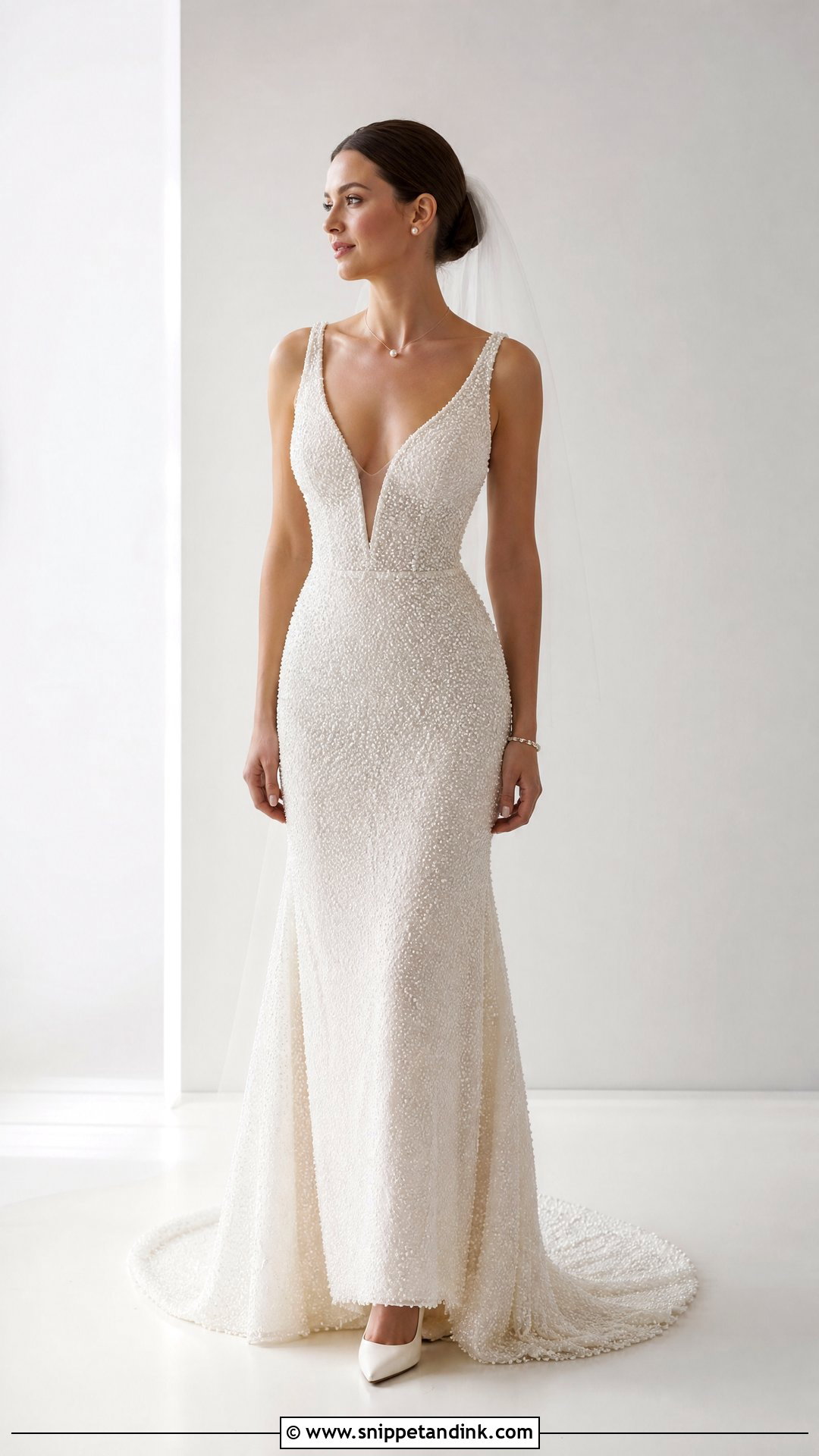 Pearl Embellished Wedding Dress With Simple Pearl Pendant - Snippet and Ink - 20 Pearl Necklace Wedding Dress Ideas