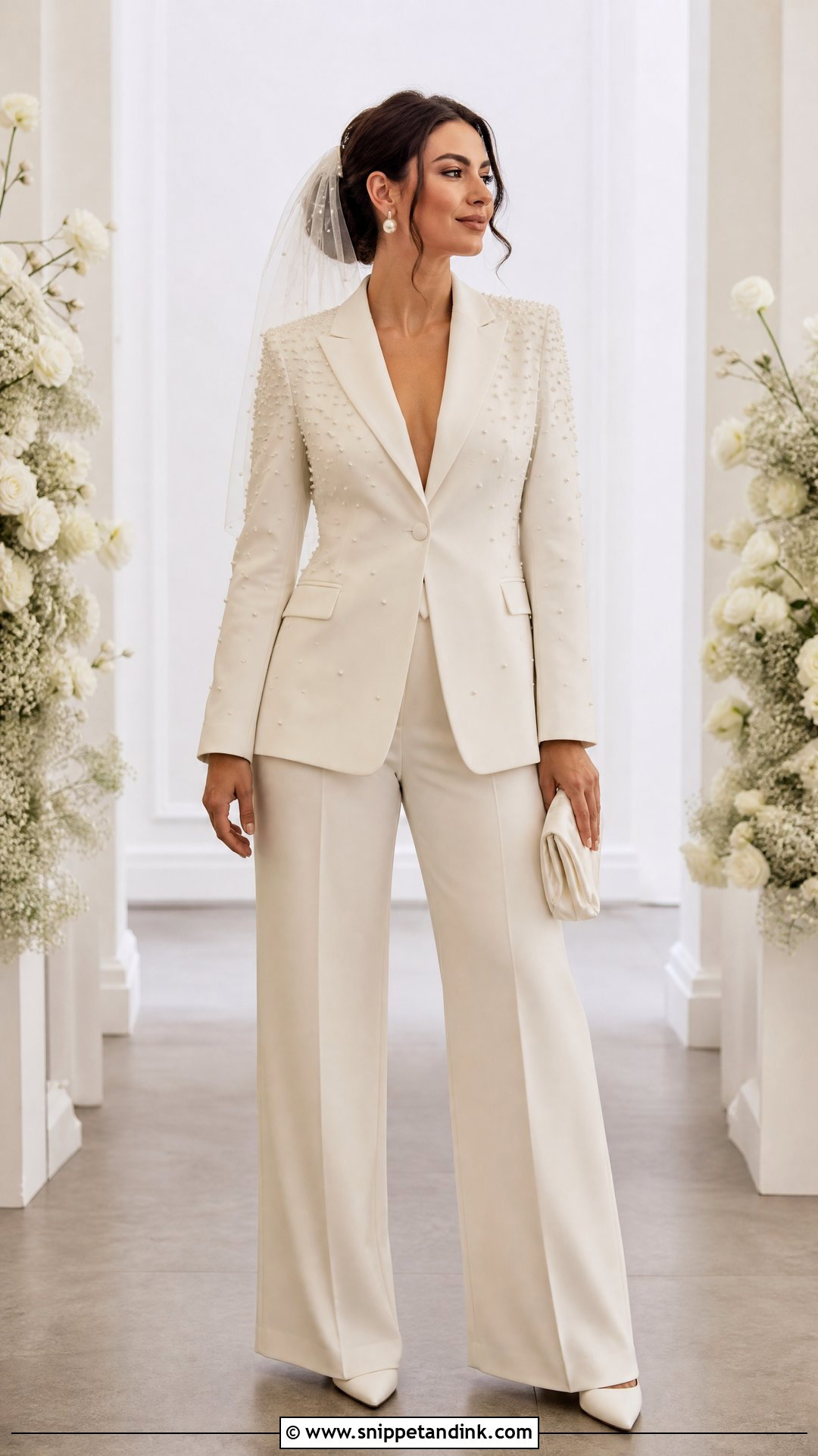 Pearl Embellished Wedding Pantsuit - Snippet and Ink - 20 Wedding Dress with Pants Ideas