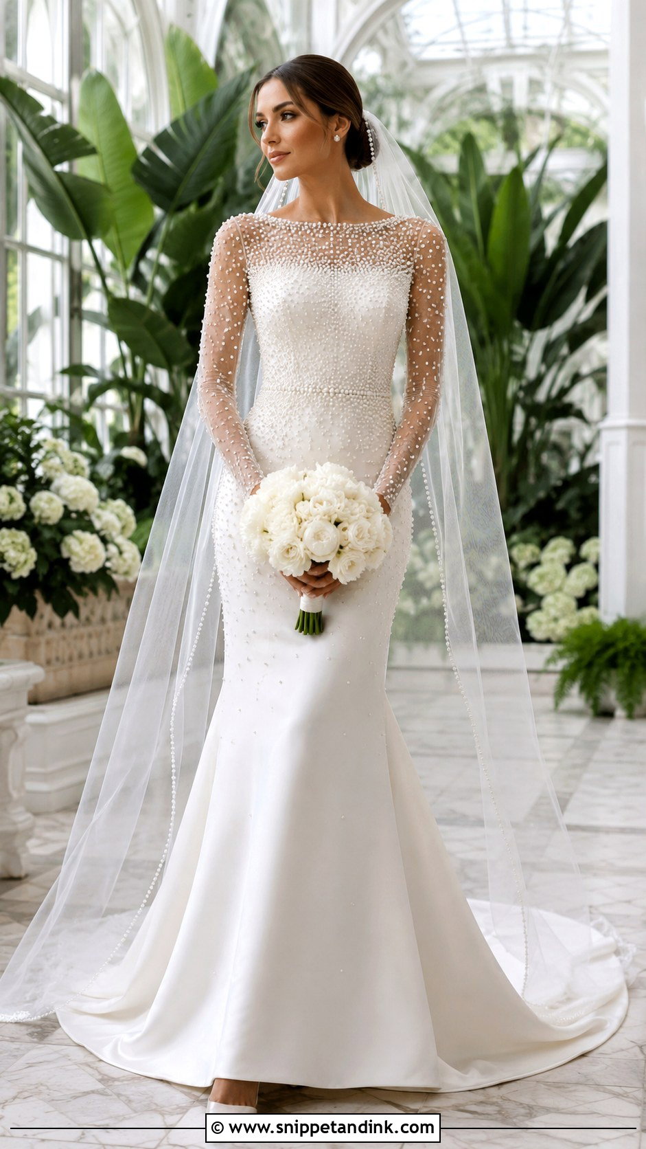 Pearl Fit And Flare Wedding Dress With Matching Veil - Snippet and Ink - 20 Flare Wedding Dress Ideas