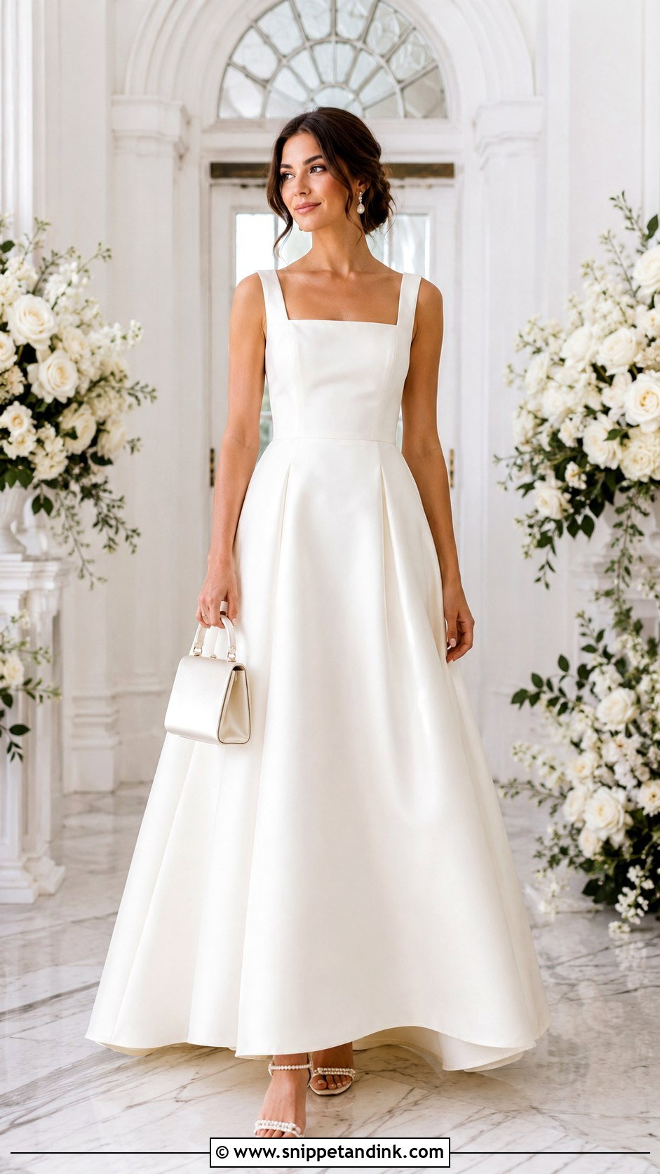 Pearl Flat Wedding Sandals With Satin A Line Gown - Snippet and Ink - 20 Flat Wedding Sandals Ideas