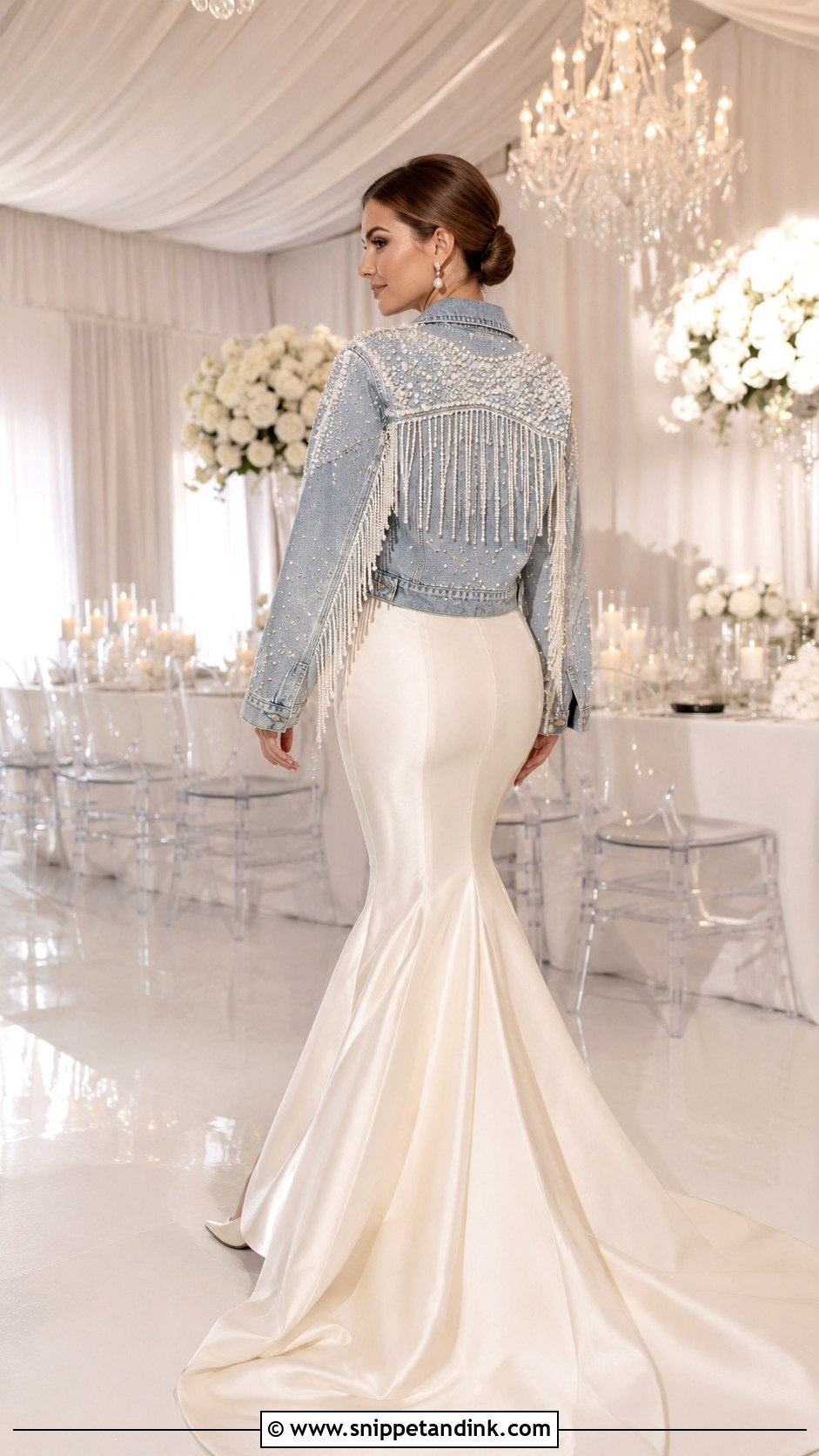 Pearl Fringe Bridal Denim Jacket With Mermaid Gown - Snippet and Ink - 20 Bridal Denim Jacket Ideas