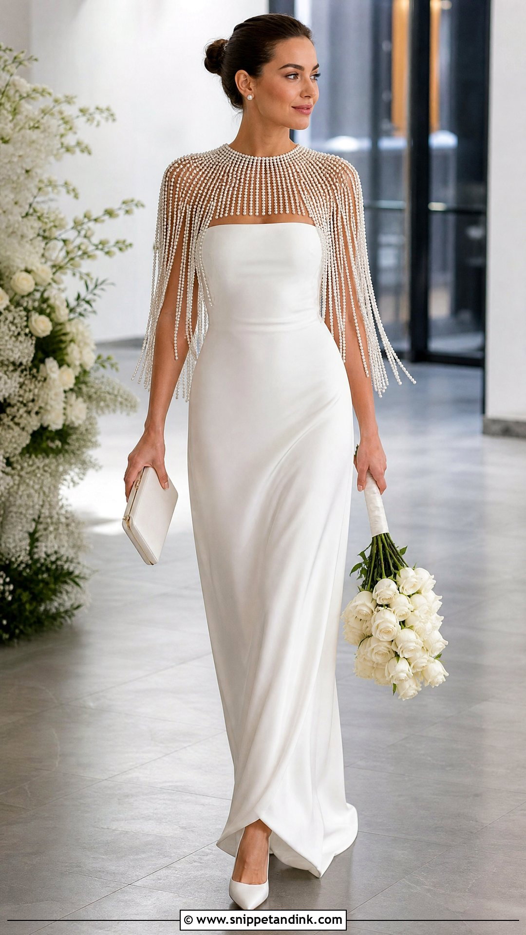 Pearl Fringe Capelet With Simple Wedding Dress - Snippet and Ink - 20 Wedding Dress Capelet Ideas