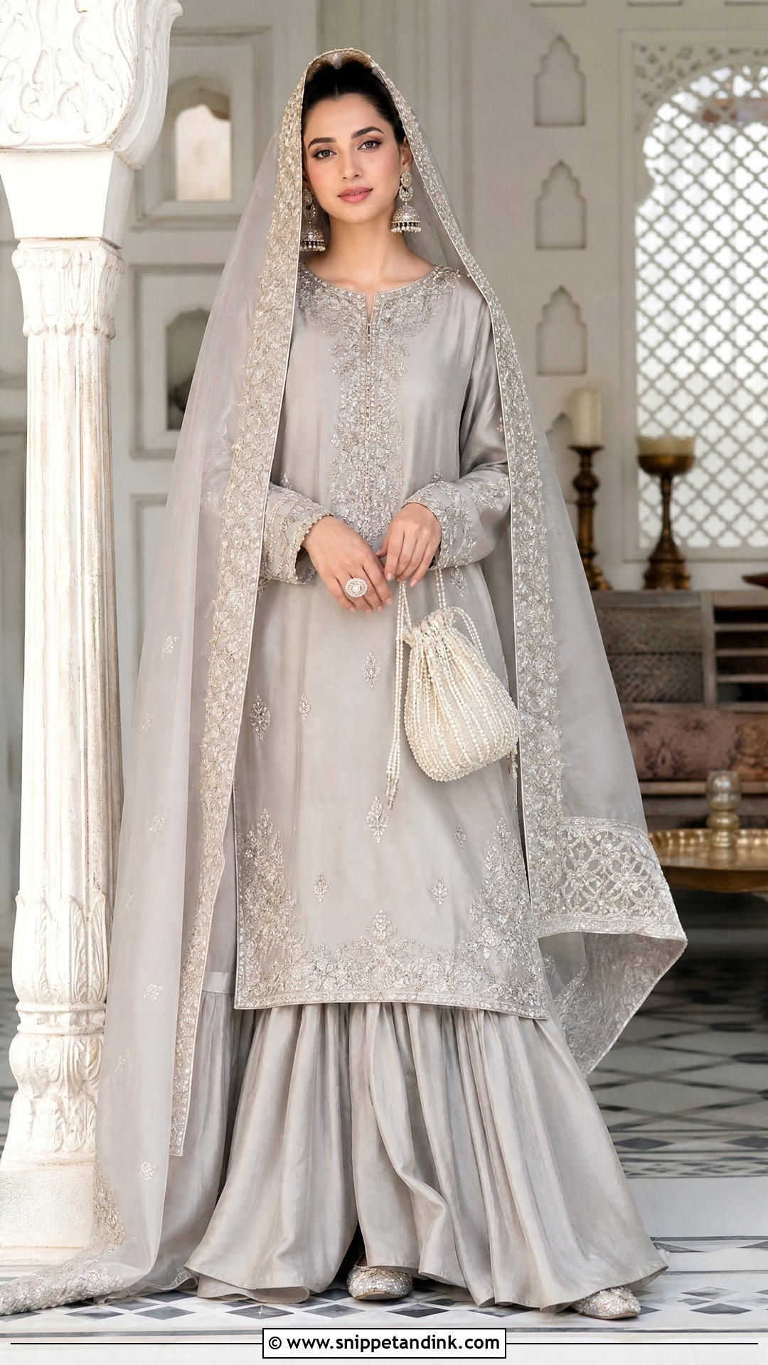 Pearl Gray Farshi Shalwar Nikkah Bridal Dress - Snippet and Ink - 20 Nikkah Bridal Dress Ideas