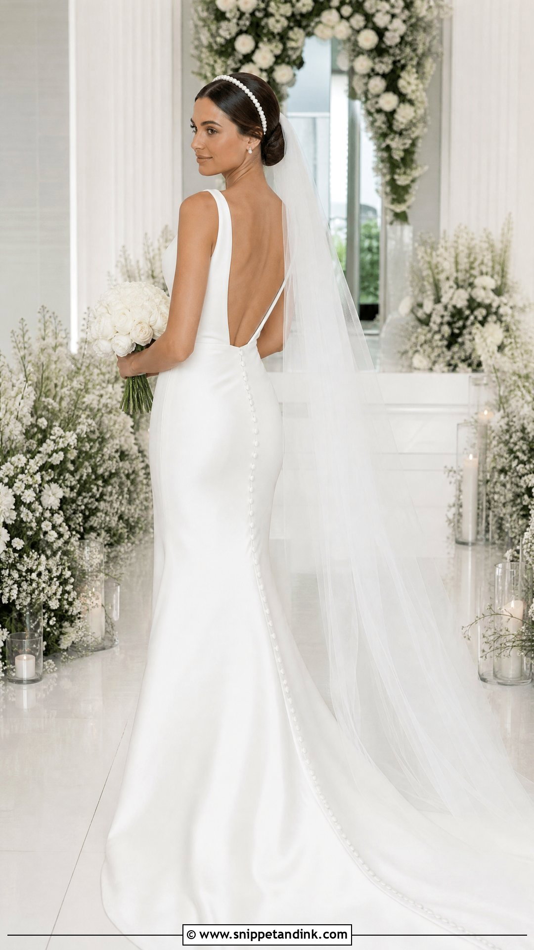 Pearl Headband Updo For Open Back Wedding Dress - Snippet and Ink - 20 Open Back Wedding Dress Hairstyles