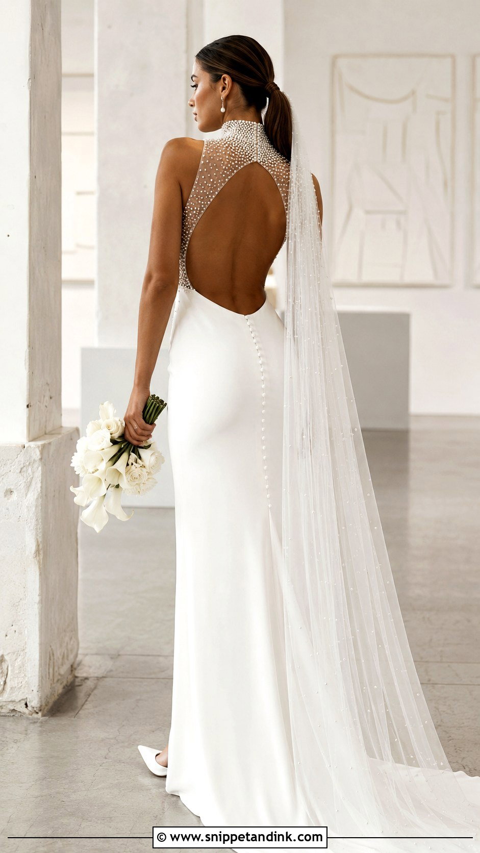 Pearl High Neck Backless Column Wedding Dress - Snippet and Ink - 20 High Neck Backless Wedding Dress Ideas