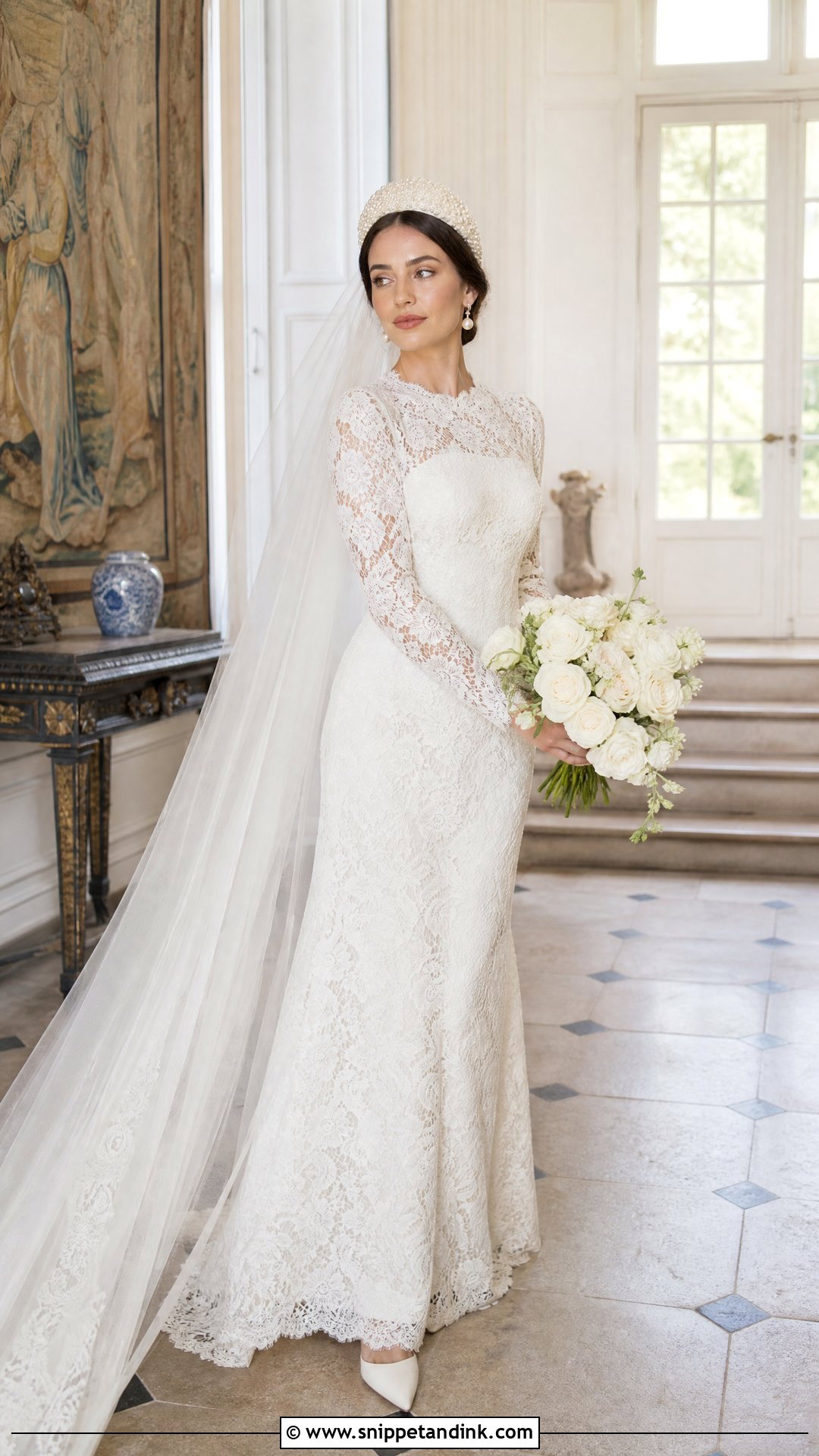 Pearl Juliet Cap With Lace Wedding Gown - Snippet and Ink - 20 Wedding Cap Ideas