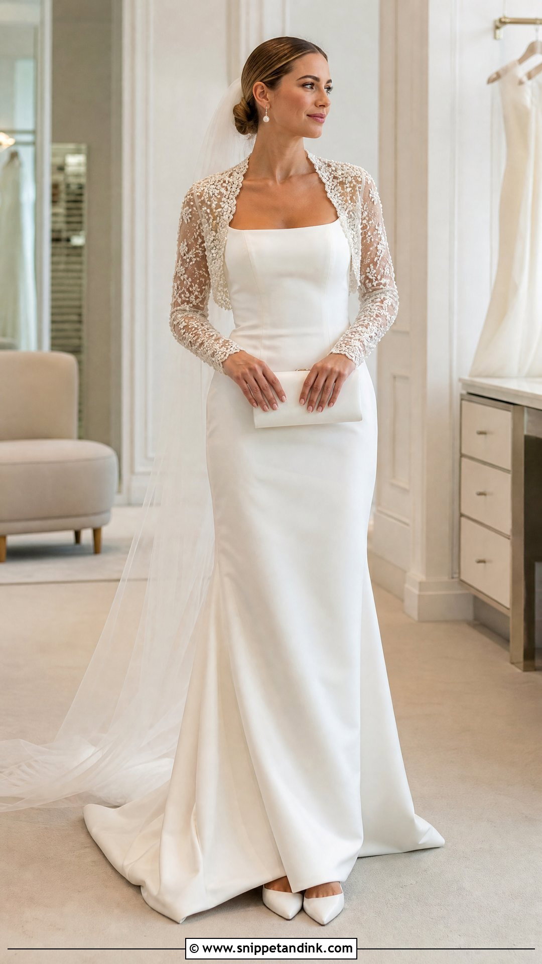 Pearl Lace Bolero With Satin Wedding Dress - Snippet and Ink - 25 Lace Bolero Wedding Ideas