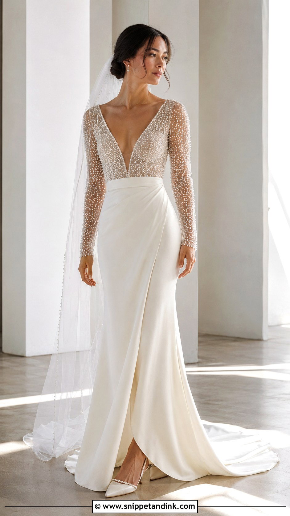 Pearl Long Sleeve V Neck Wedding Dress - Snippet and Ink - 20 Long Sleeve V Neck Wedding Dress Ideas